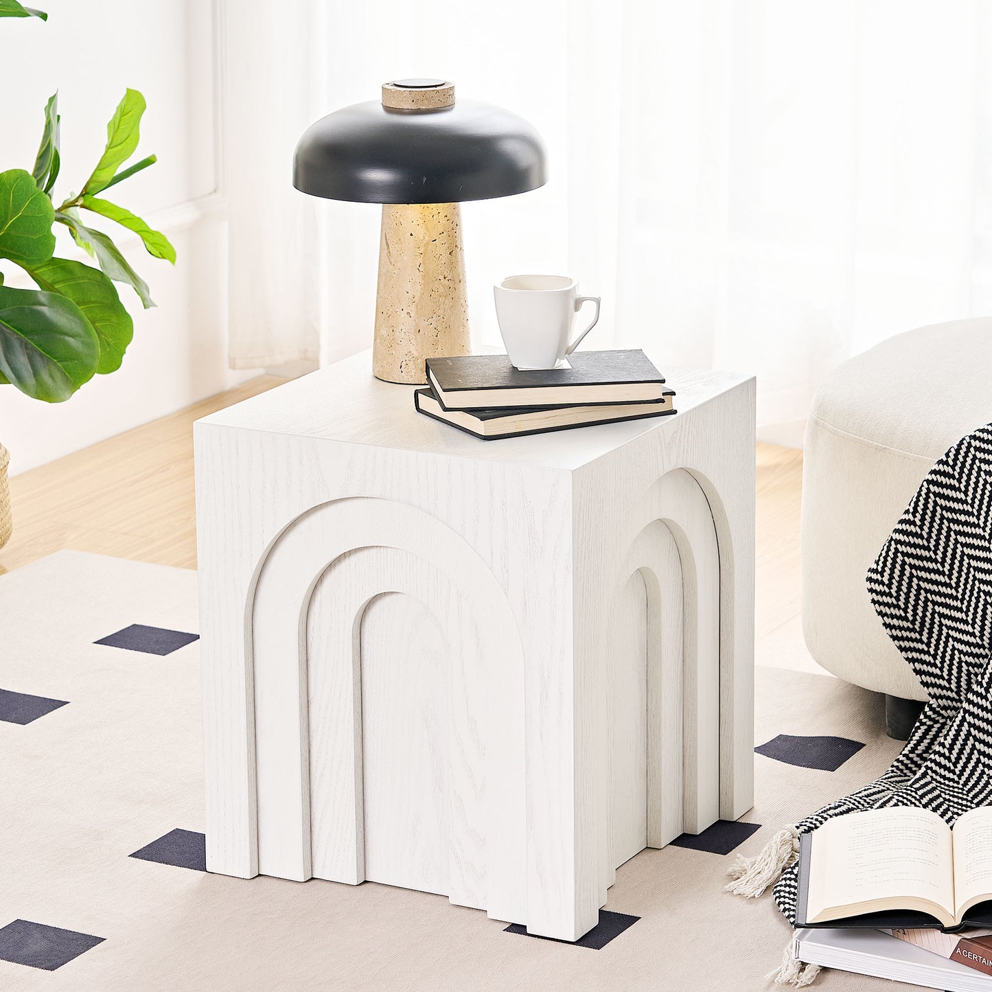White wood accent table with carved arched panels modern organic design