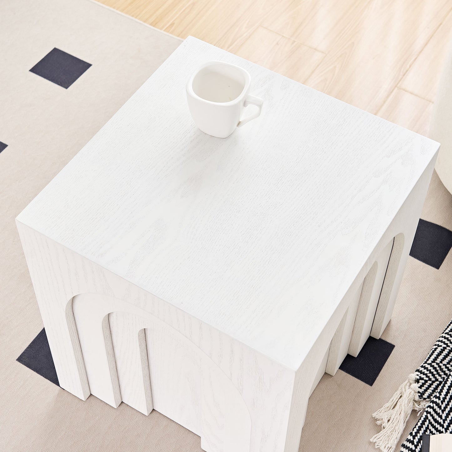 White oak nesting side tables with arched cutouts contemporary living room accent