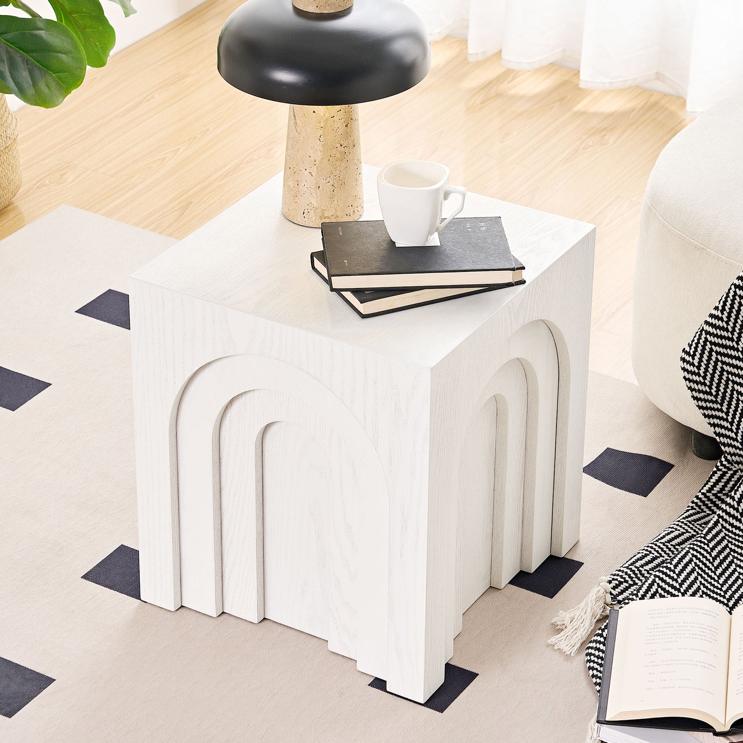White wooden side table with stacked arched design and minimalist aesthetic