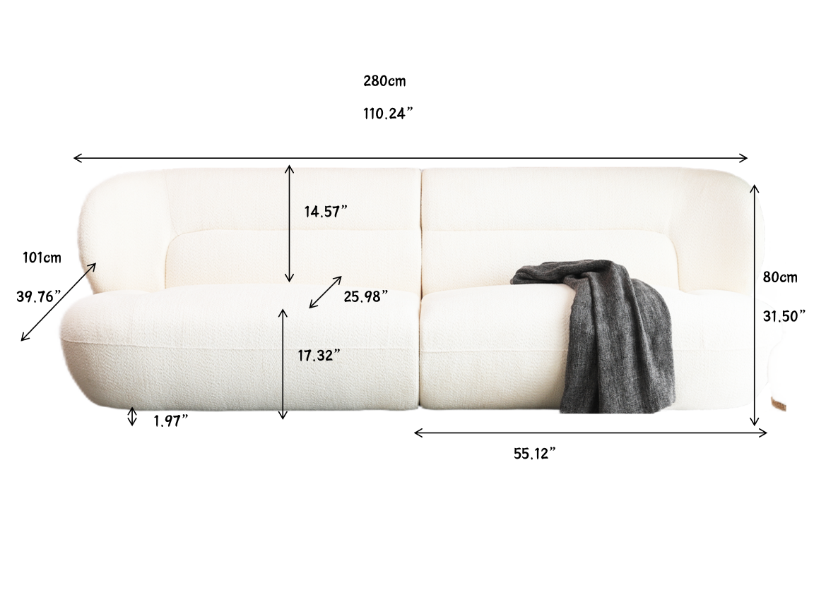 White boucle modern sofa cm width with a charcoal throw draped over the armrest