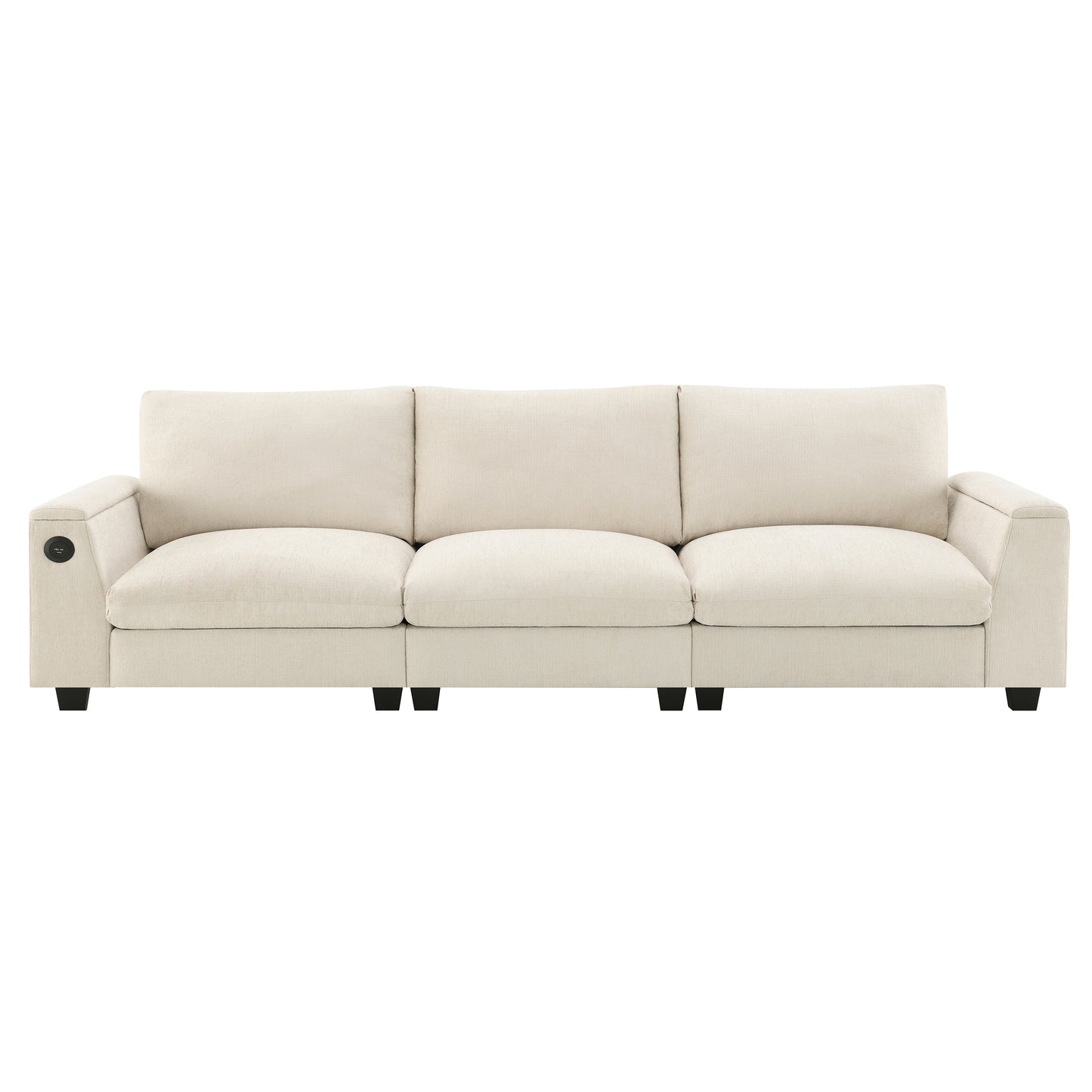 Creamcolored threeseater sofa with plush cushions and integrated USB ports