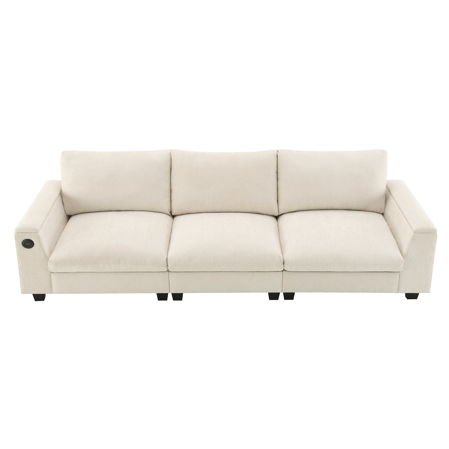 Beige linen seater sofa with plush cushions and integrated USB charging port