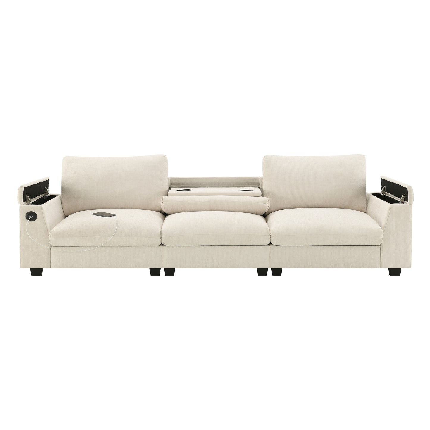Cream fabric sofa with builtin storage USB ports and a central console tray for drinks