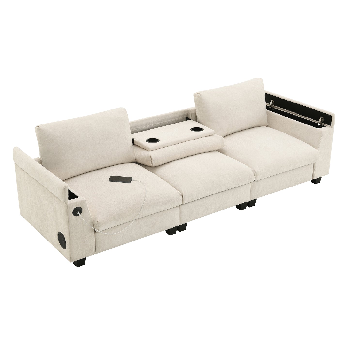 Beige linen modular sofa with builtin cup holders USB charger and speakers