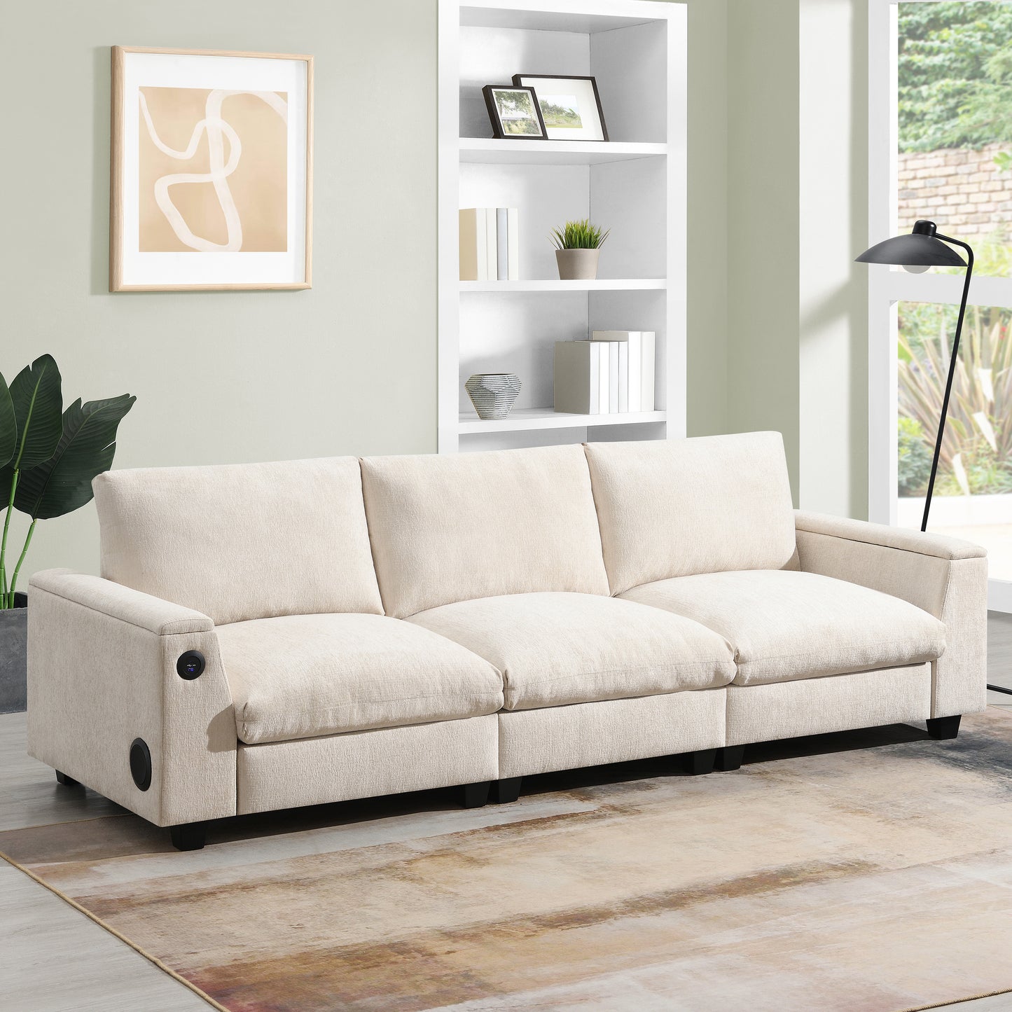 Cream fabric sofa with integrated USB ports perfect for modern living rooms