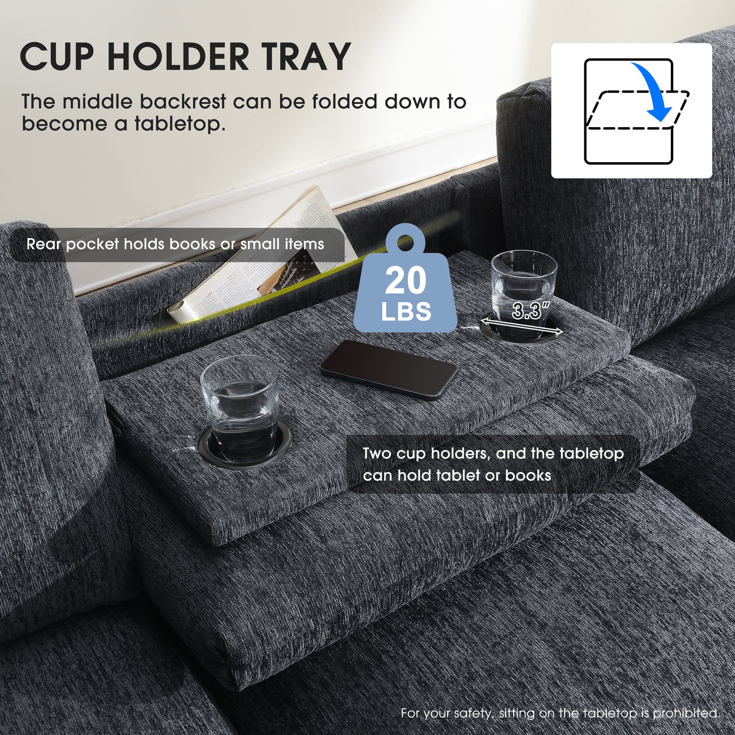 Dark grey fabric cup holder tray with two integrated holders and a foldable tabletop