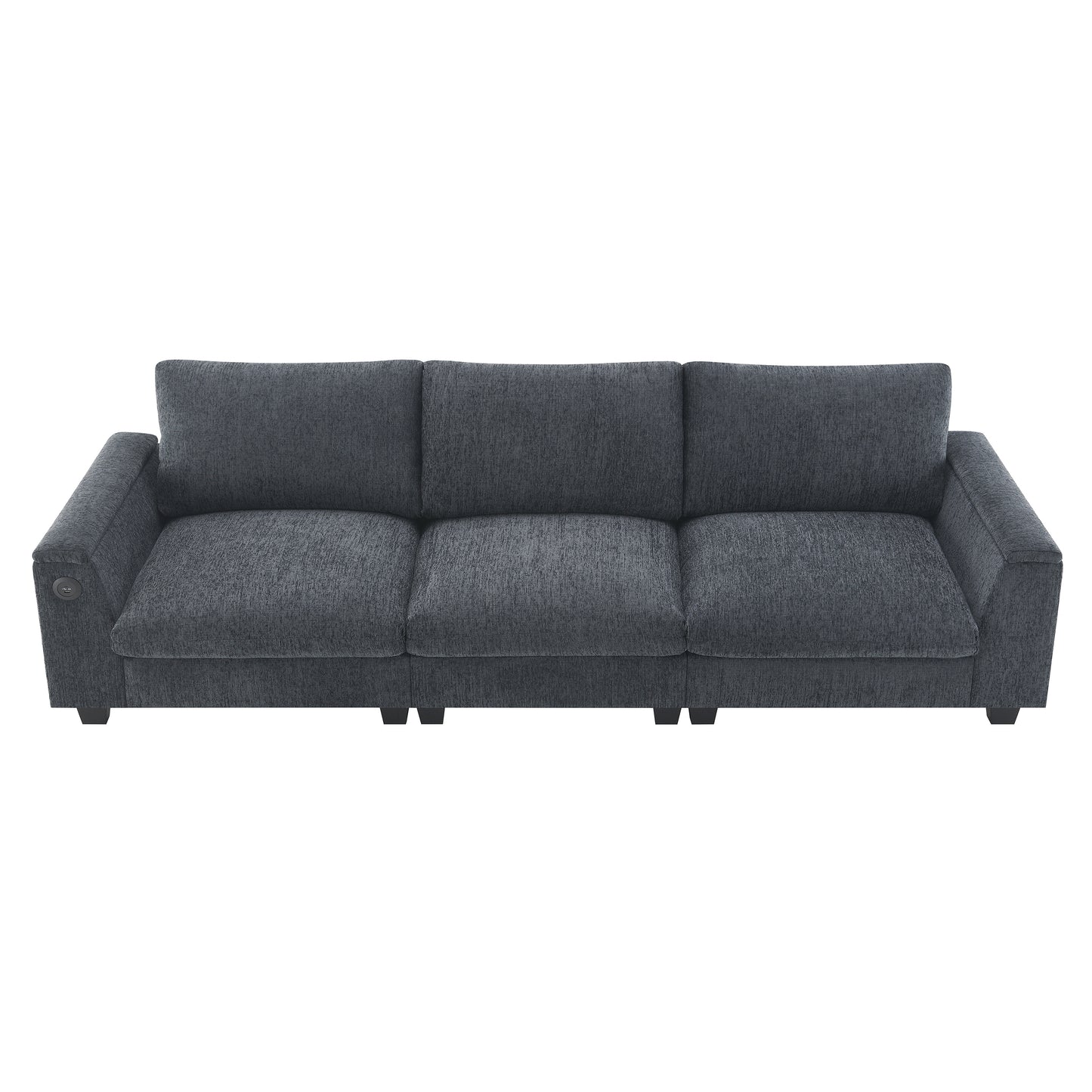 Modern charcoal grey fabric sofa with plush cushions and builtin USB charging