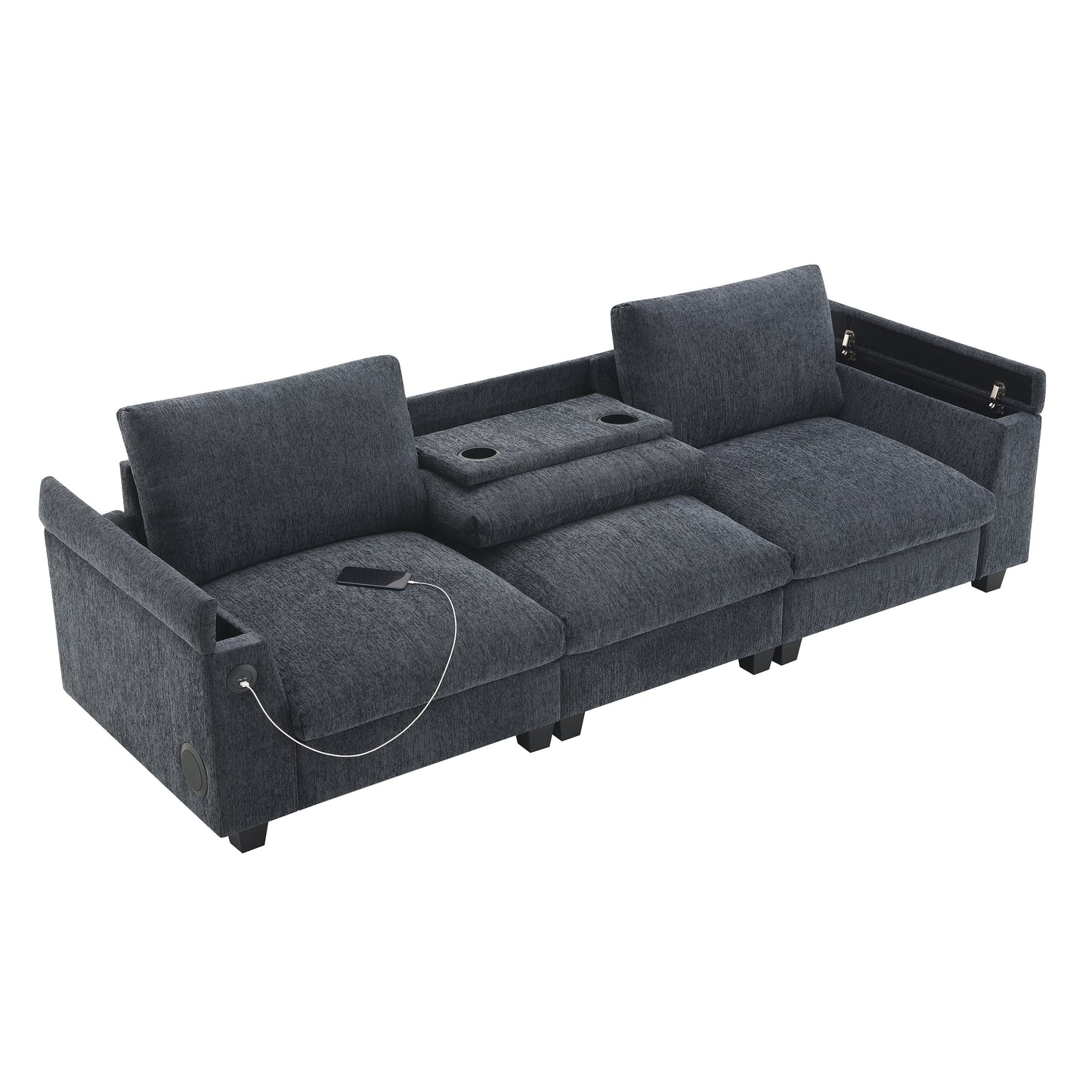Dark gray fabric sectional sofa with USB charging ports and cup holders
