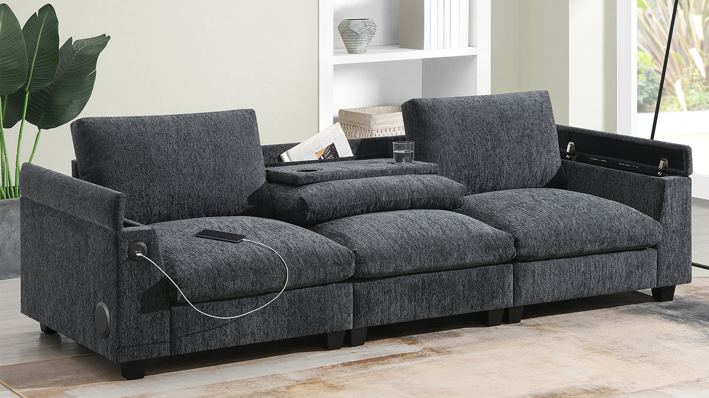 Dark gray sectional sofa with builtin USB charger and cup holder