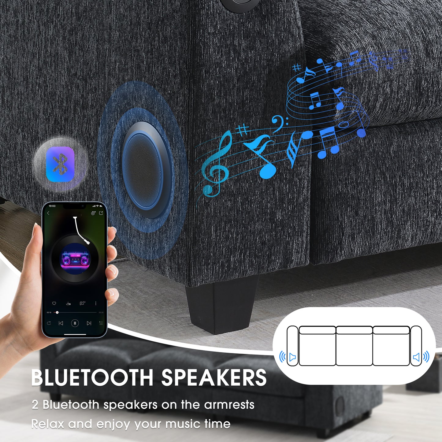 Closeup of dark grey fabric couch armrest with integrated Bluetooth speaker and music notes