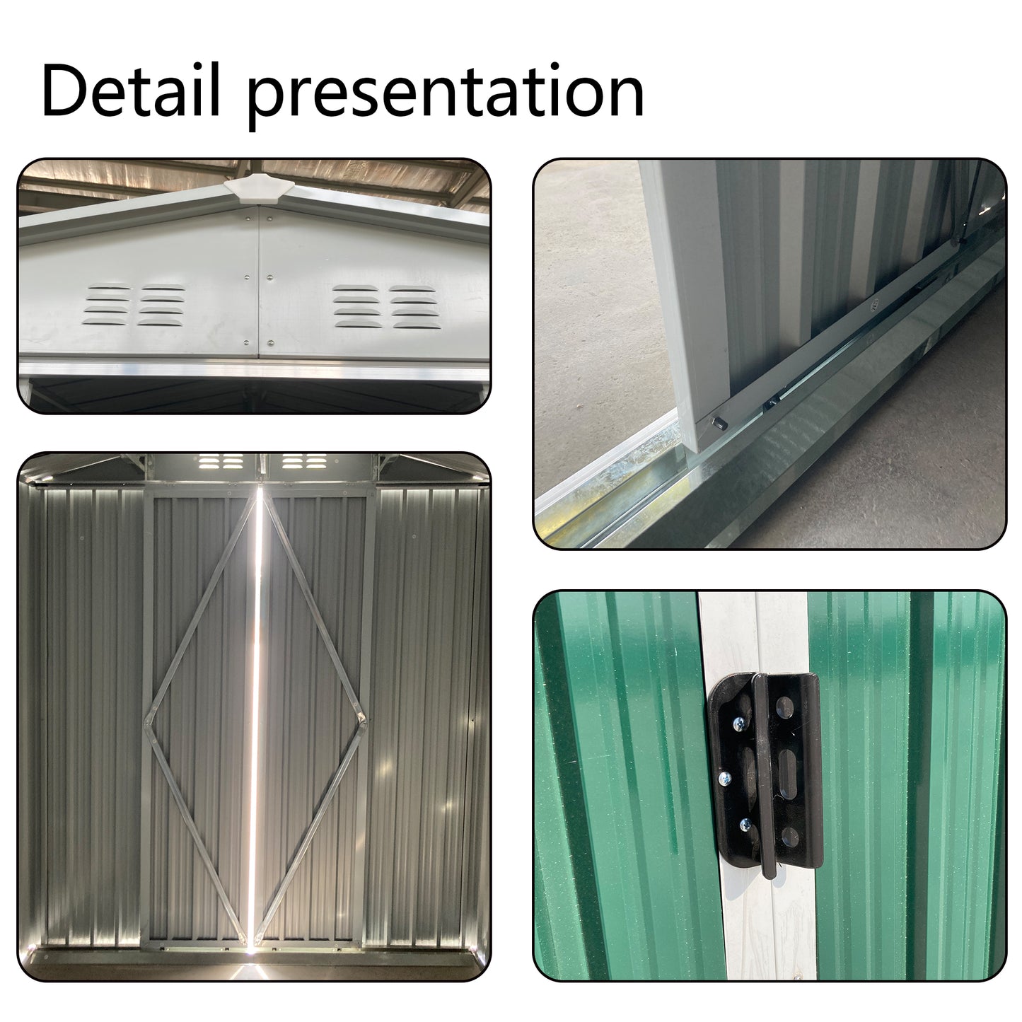 Closeup of metal garden shed roof vents for outdoor storage ventilation