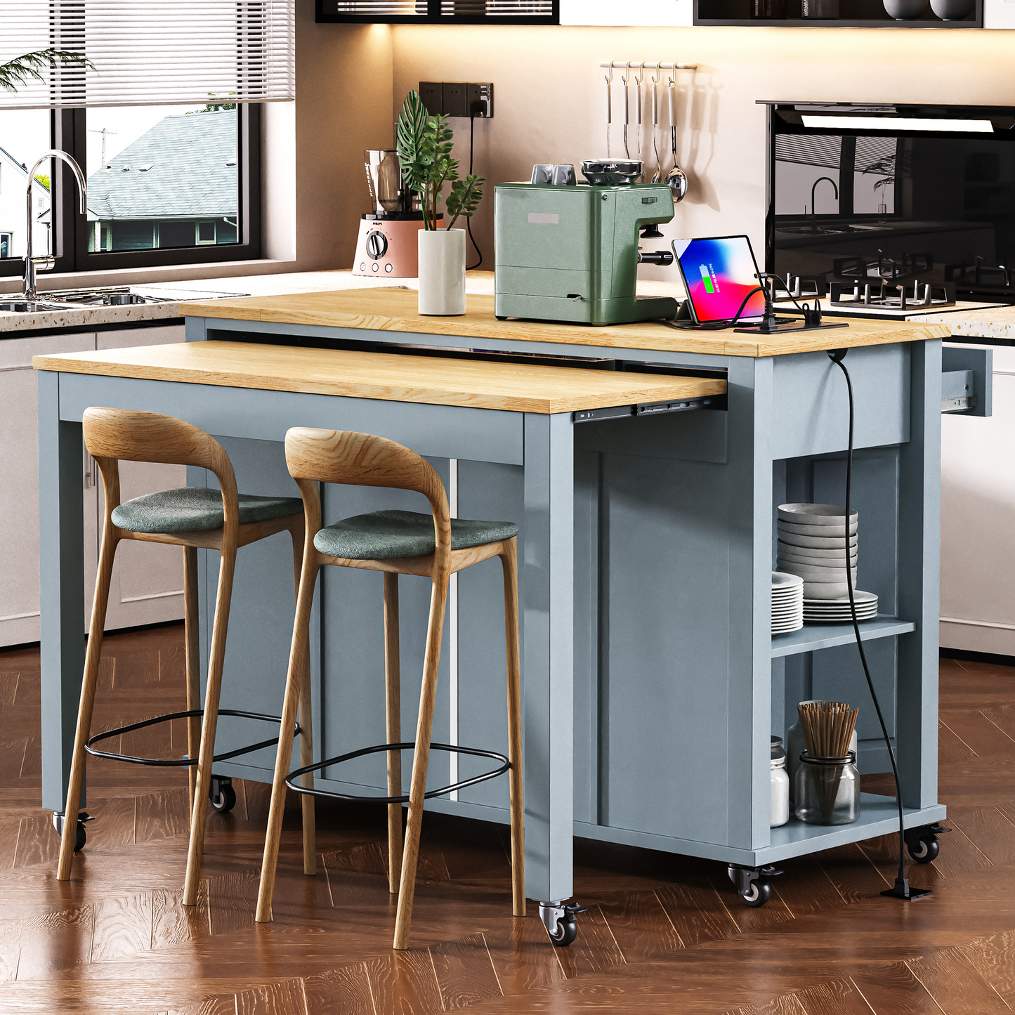 Blue kitchen island cart with pullout table and wooden stool seating