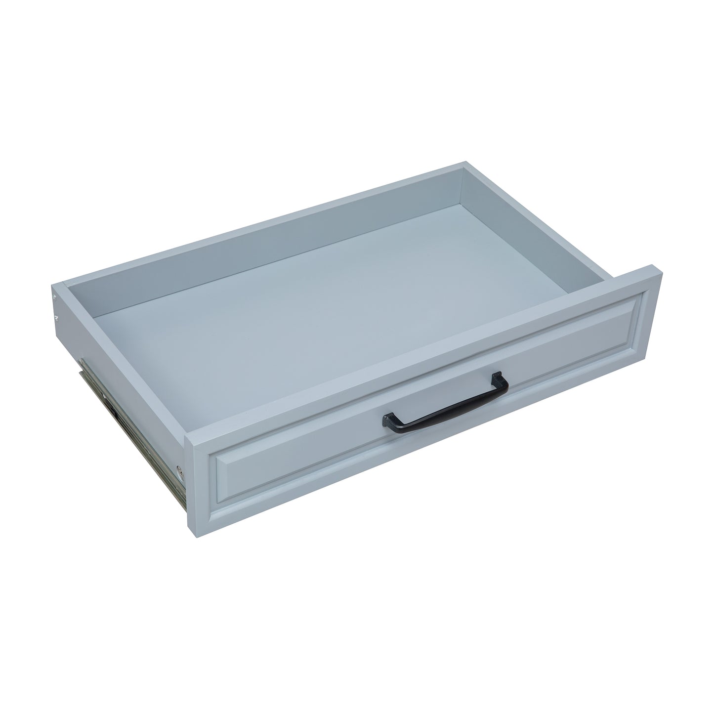 Light gray painted wooden drawer with black metal pull handle and drawer slides