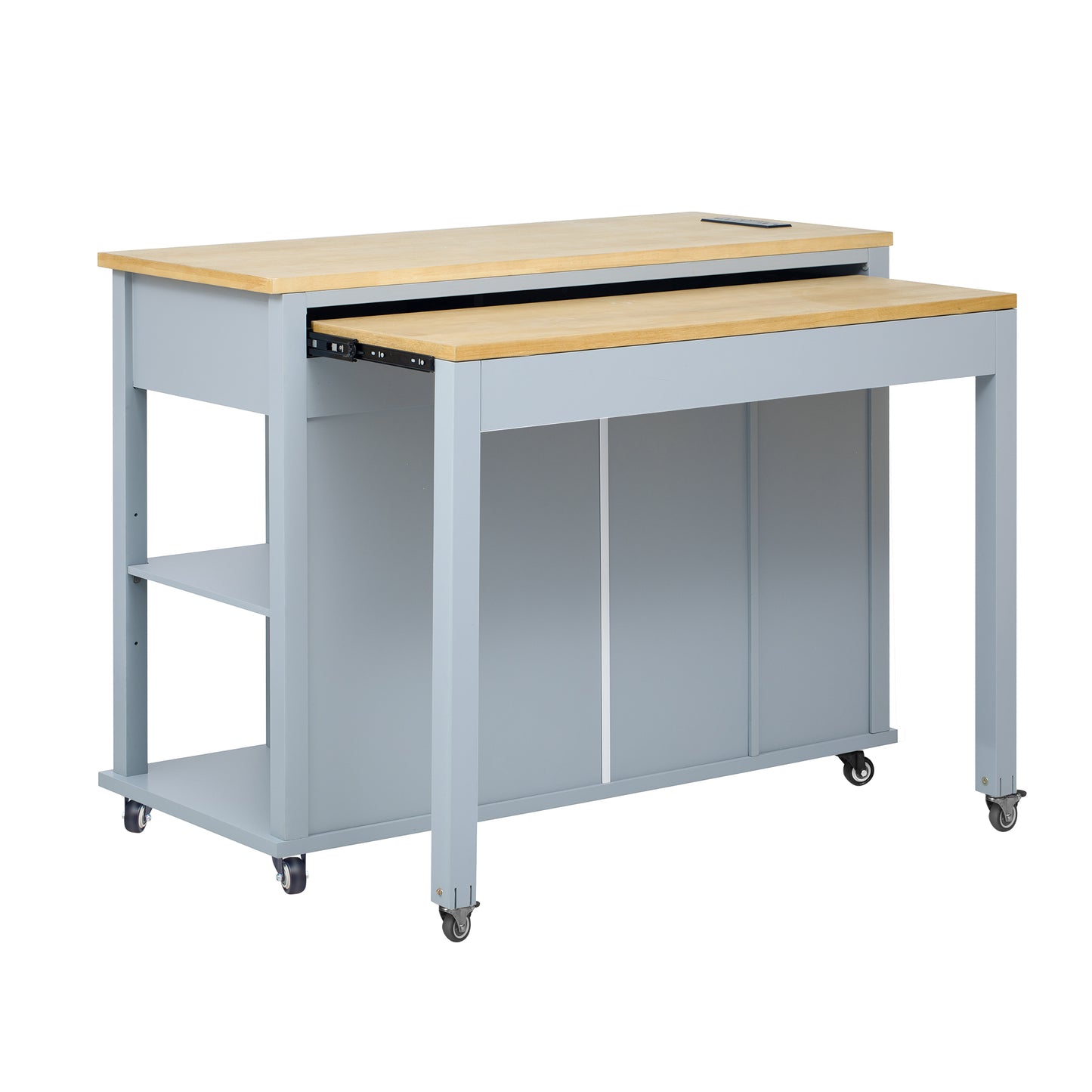 Gray kitchen island with wooden top and pullout shelf on casters