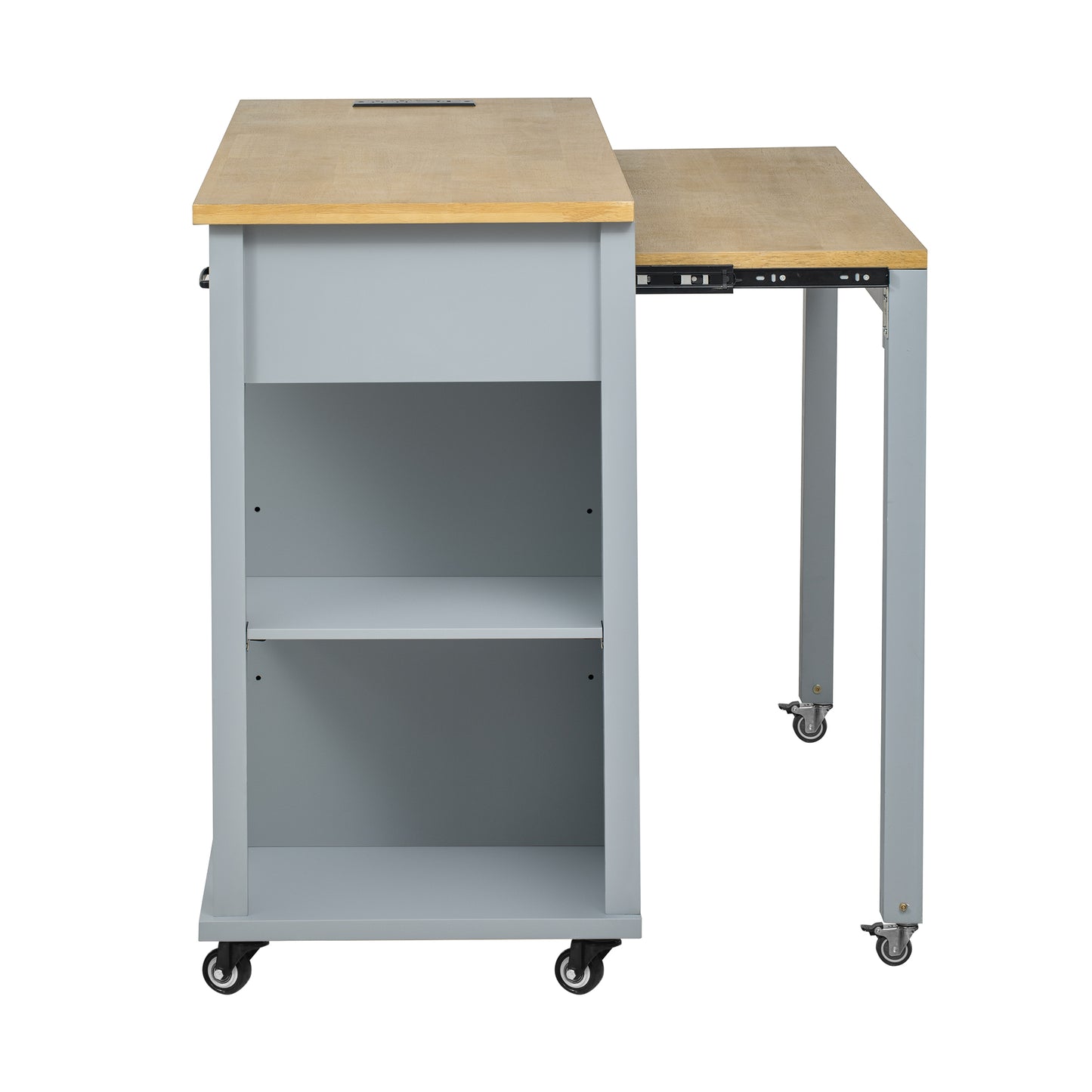 Gray mobile workstation with light wood top and pullout extension