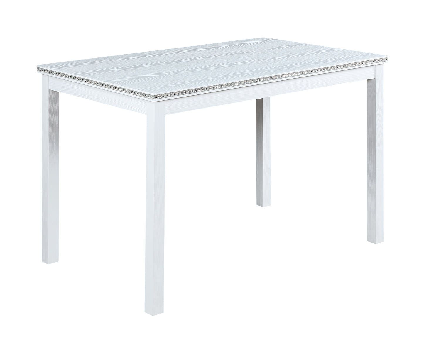 White dining table with light wood grain top and decorative trim