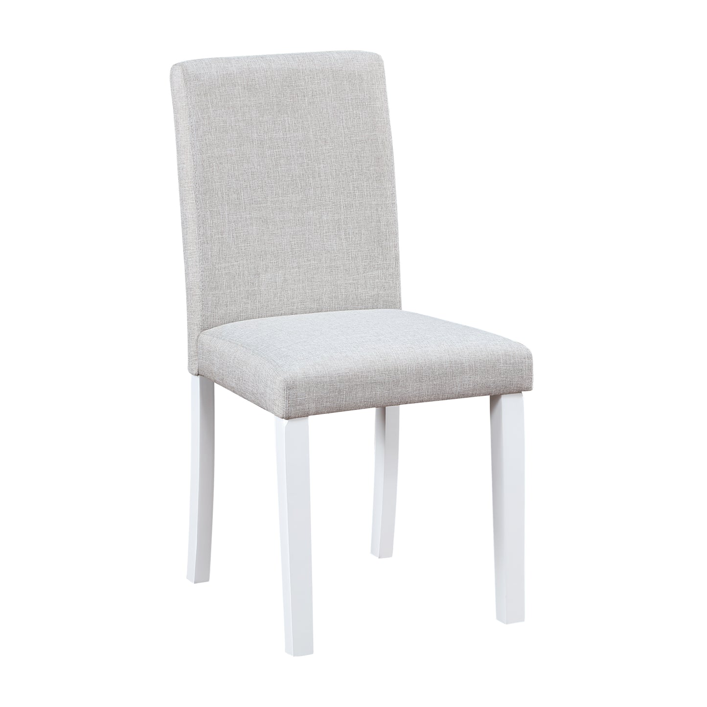 Upholstered dining chair with light grey linen fabric and white wooden legs
