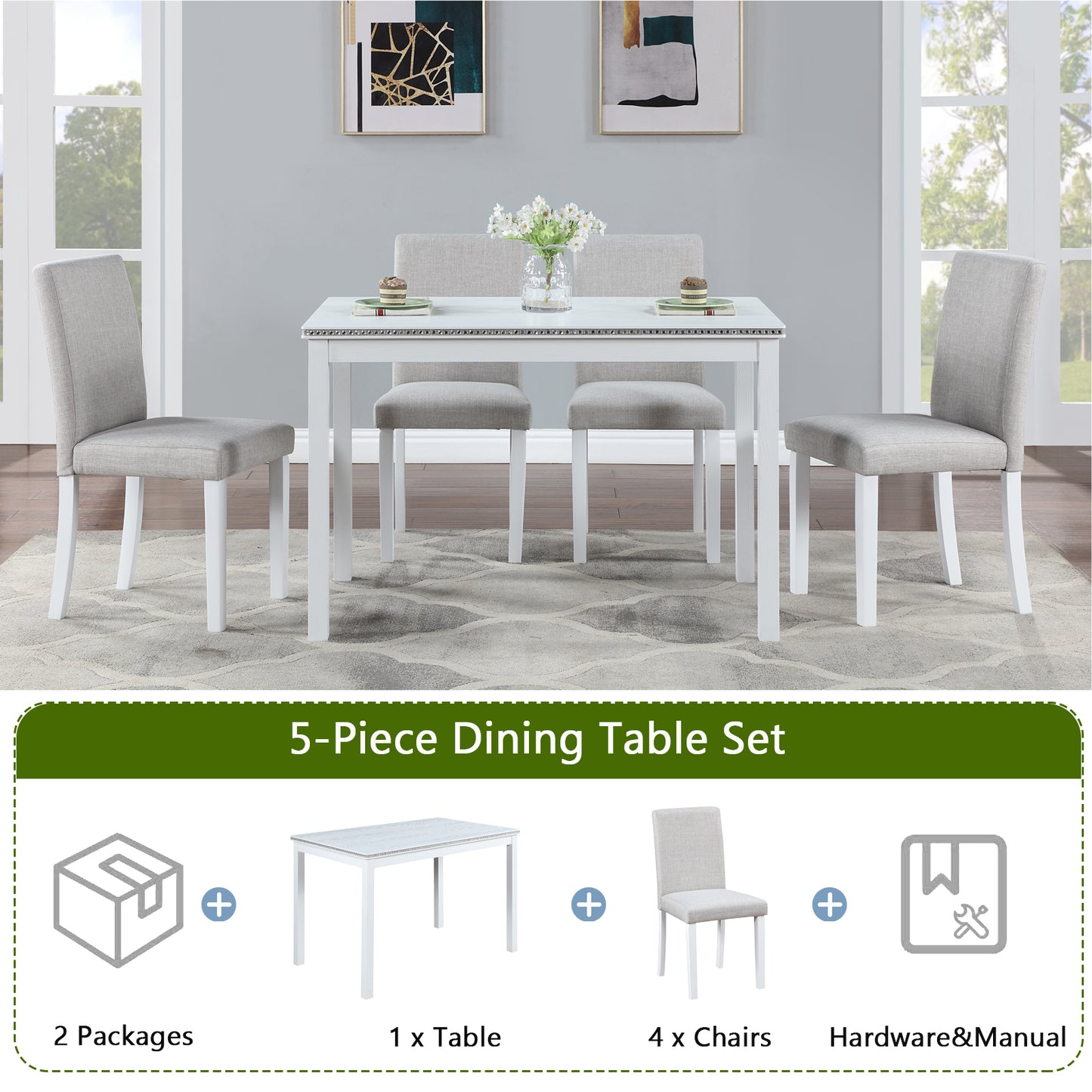 White piece dining table set with grey upholstered chairs
