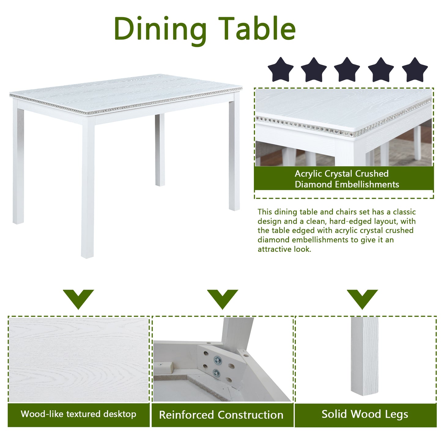 White woodgrain textured dining table with acrylic diamond trim