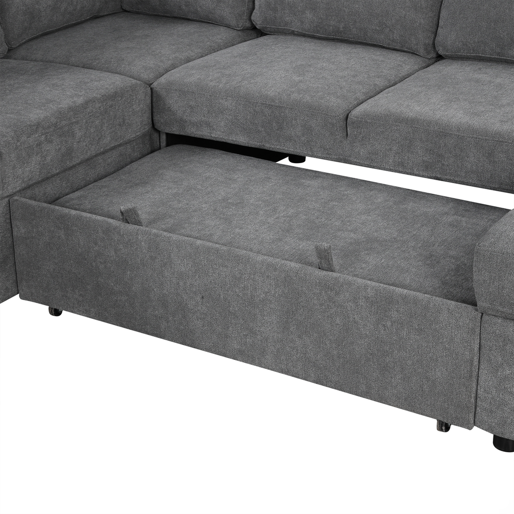 Gray sectional sofa with pullout storage drawer extended
