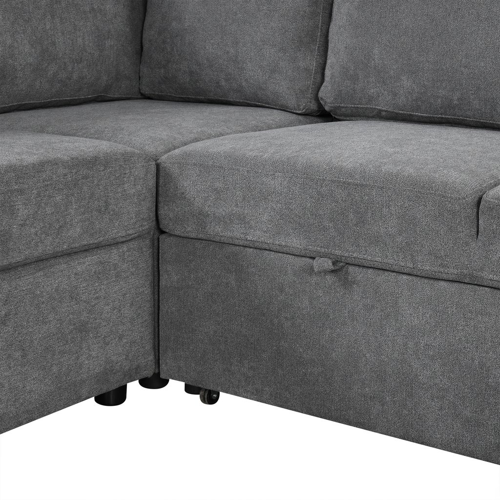 Gray fabric sectional sofa with hidden storage compartment open