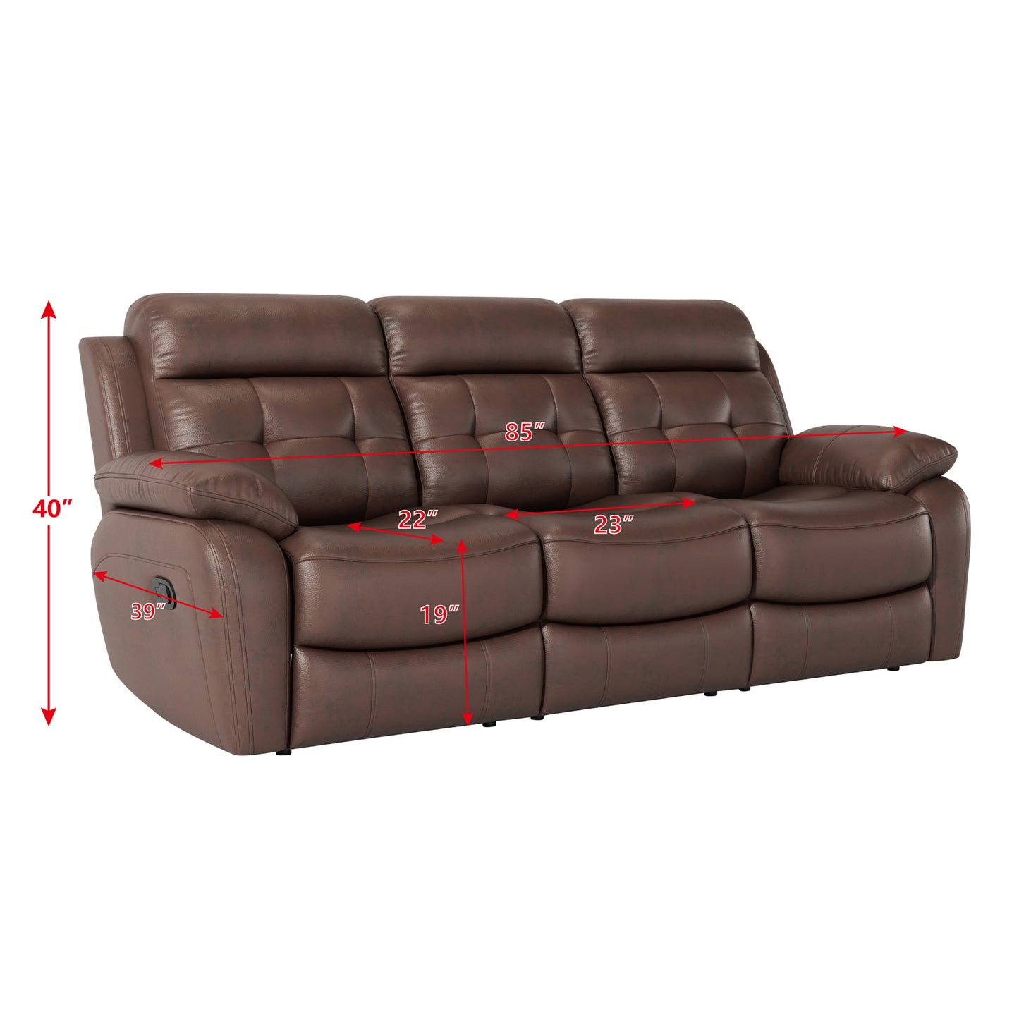 Brown leather reclining sofa with plush cushions and chrome recliner levers
