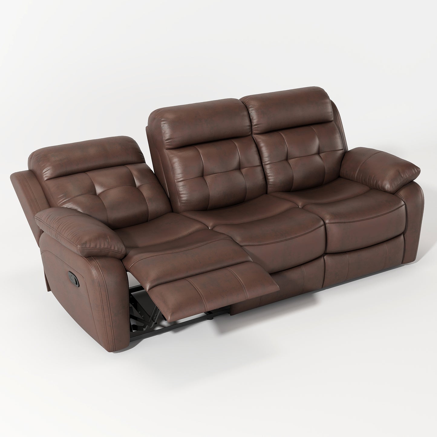 Brown leather reclining sofa with tufted cushions perfect for home theater