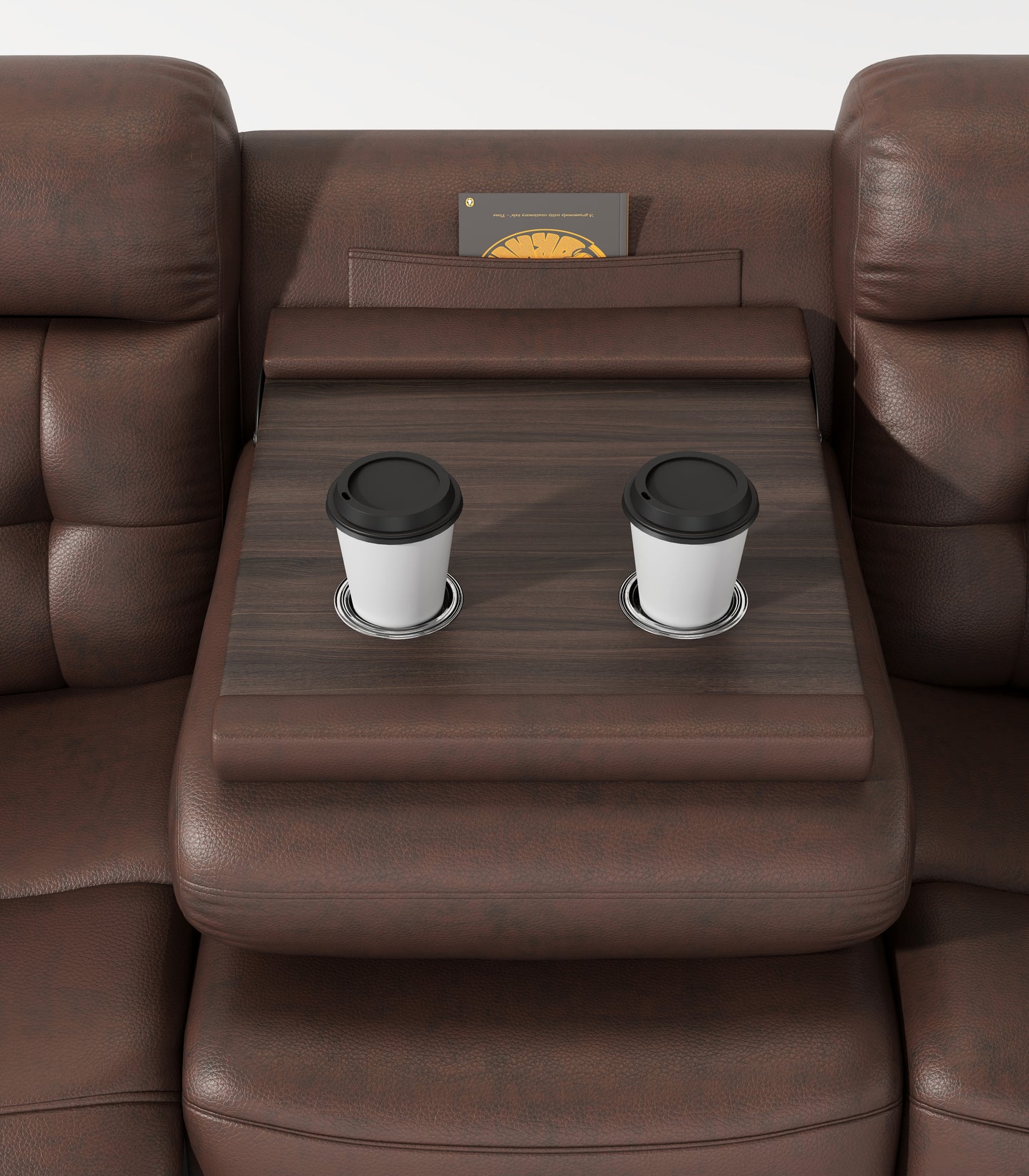Rich brown leather sectional with builtin cup holders and a foldout tray for drinks and snacks