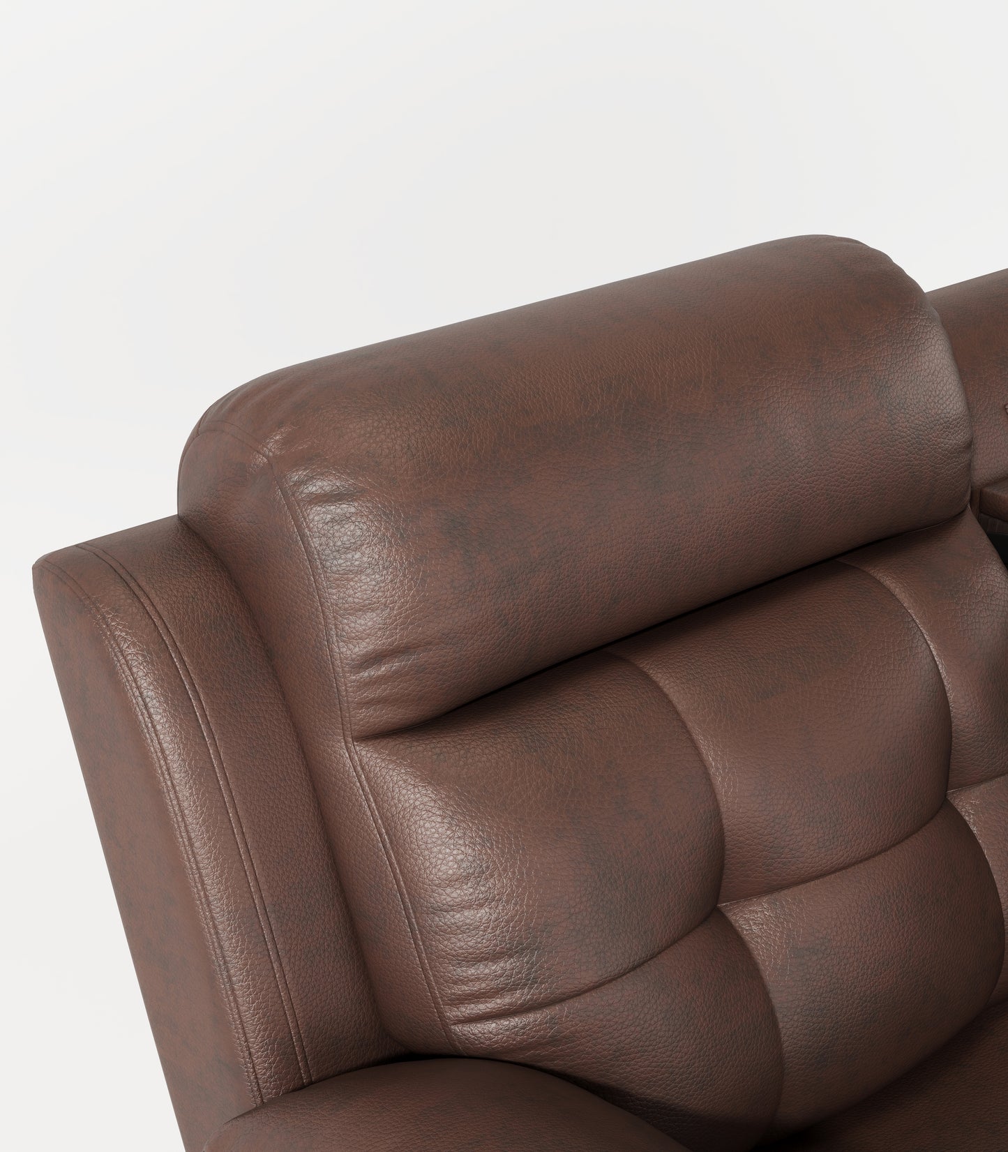 Textured brown leather sofa with tufted cushions and adjustable headrest for comfort