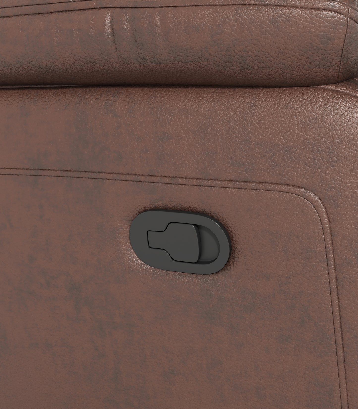 Brown faux leather recliner chair with black lever mechanism detail