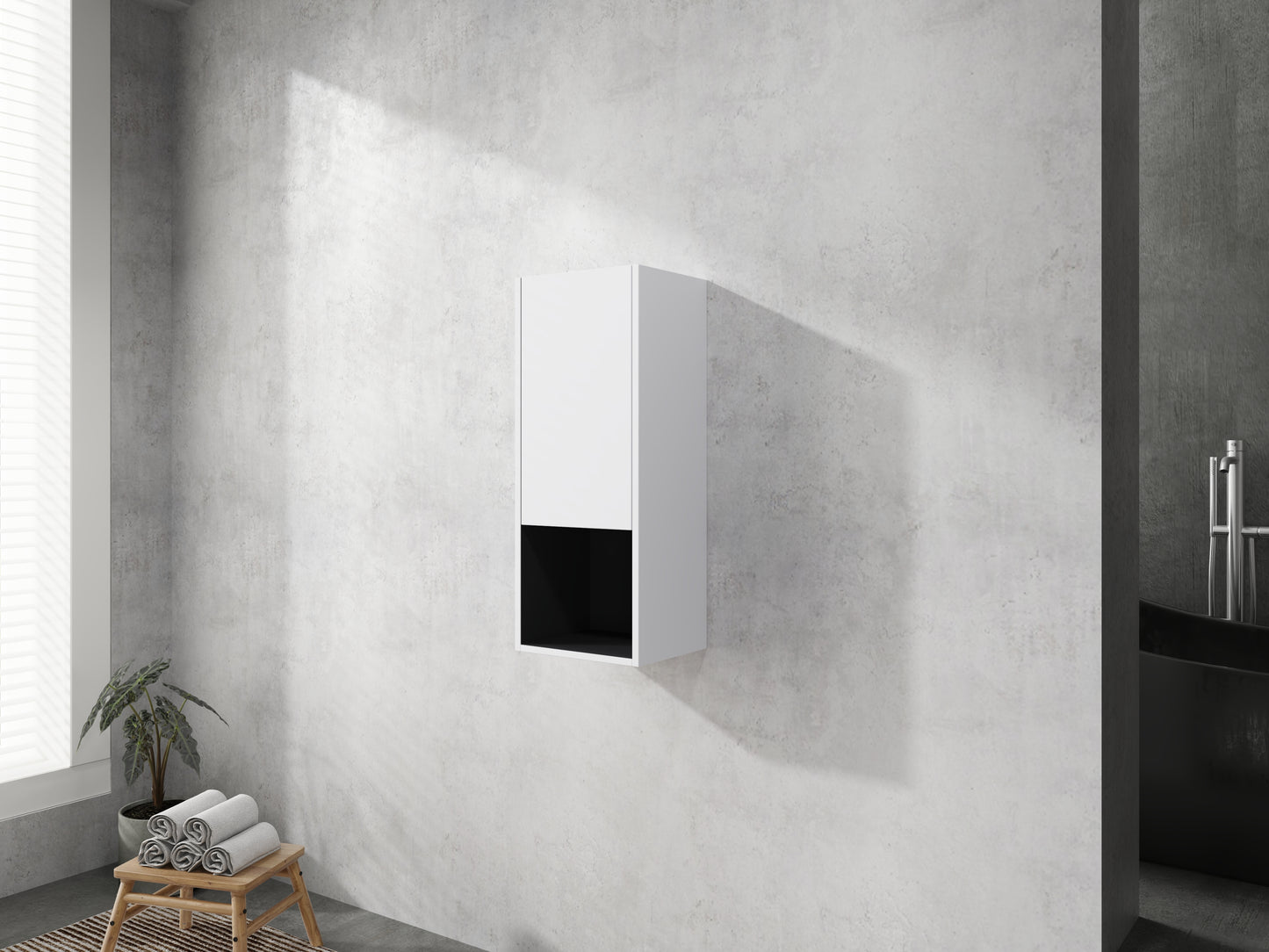 Modern white wallmounted bathroom cabinet with black interior compartment