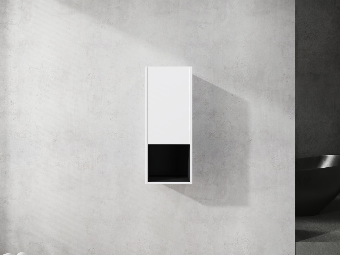 Modern white wallmounted cabinet with a contrasting black interior compartment ideal for bathroom storage