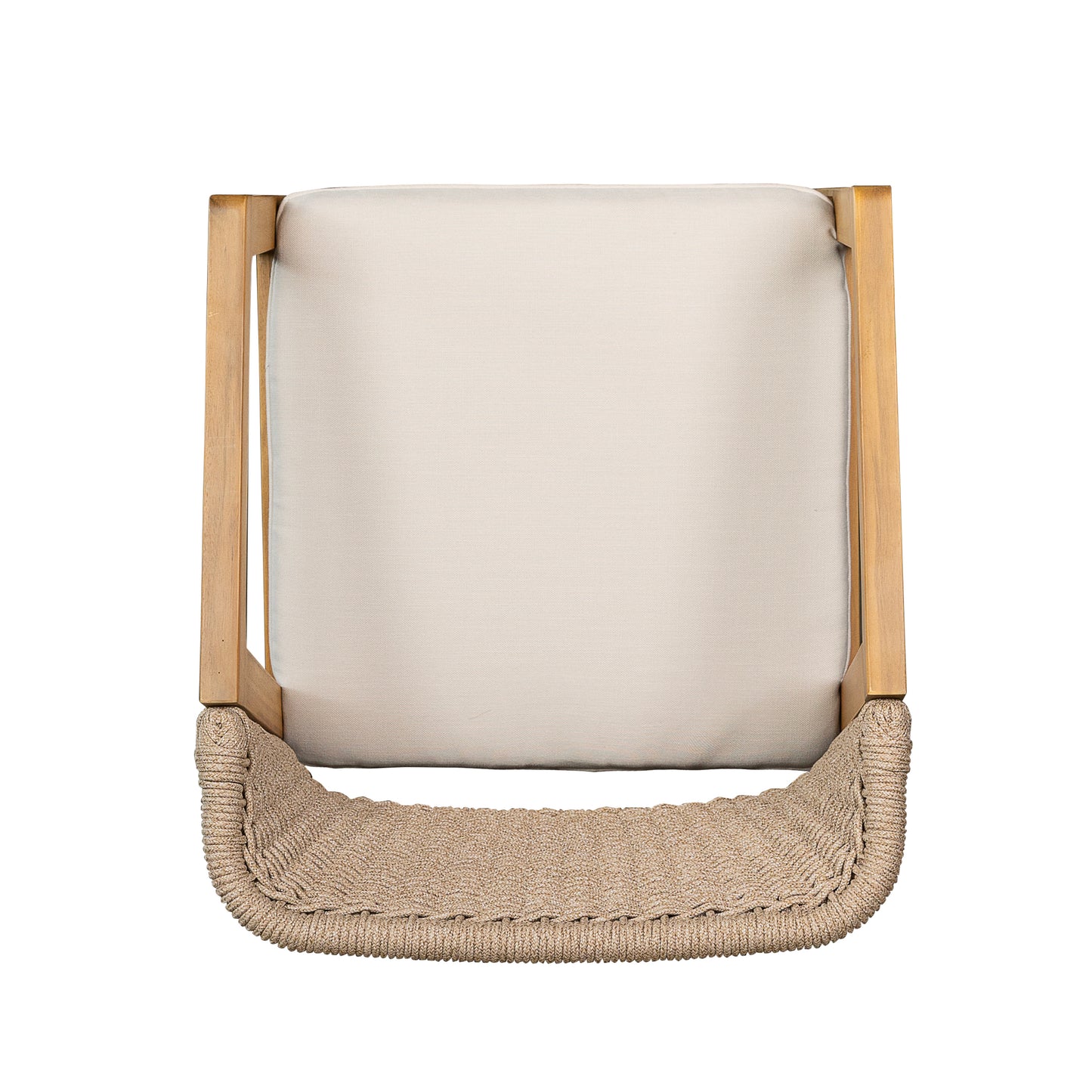 Top view of a modern accent chair with a light beige fabric seat and natural wood frame