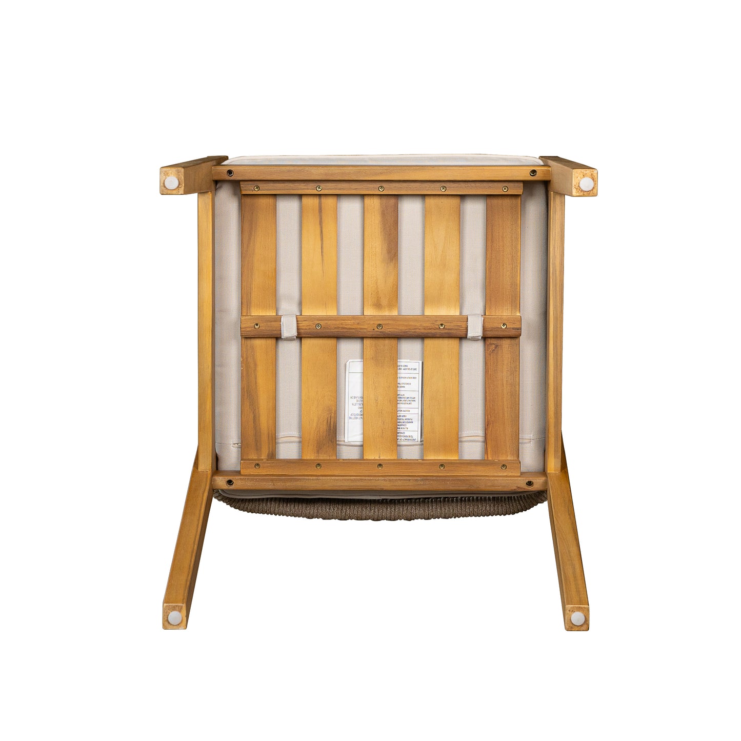 Underside view of a natural wood armchair with light beige upholstery and a label