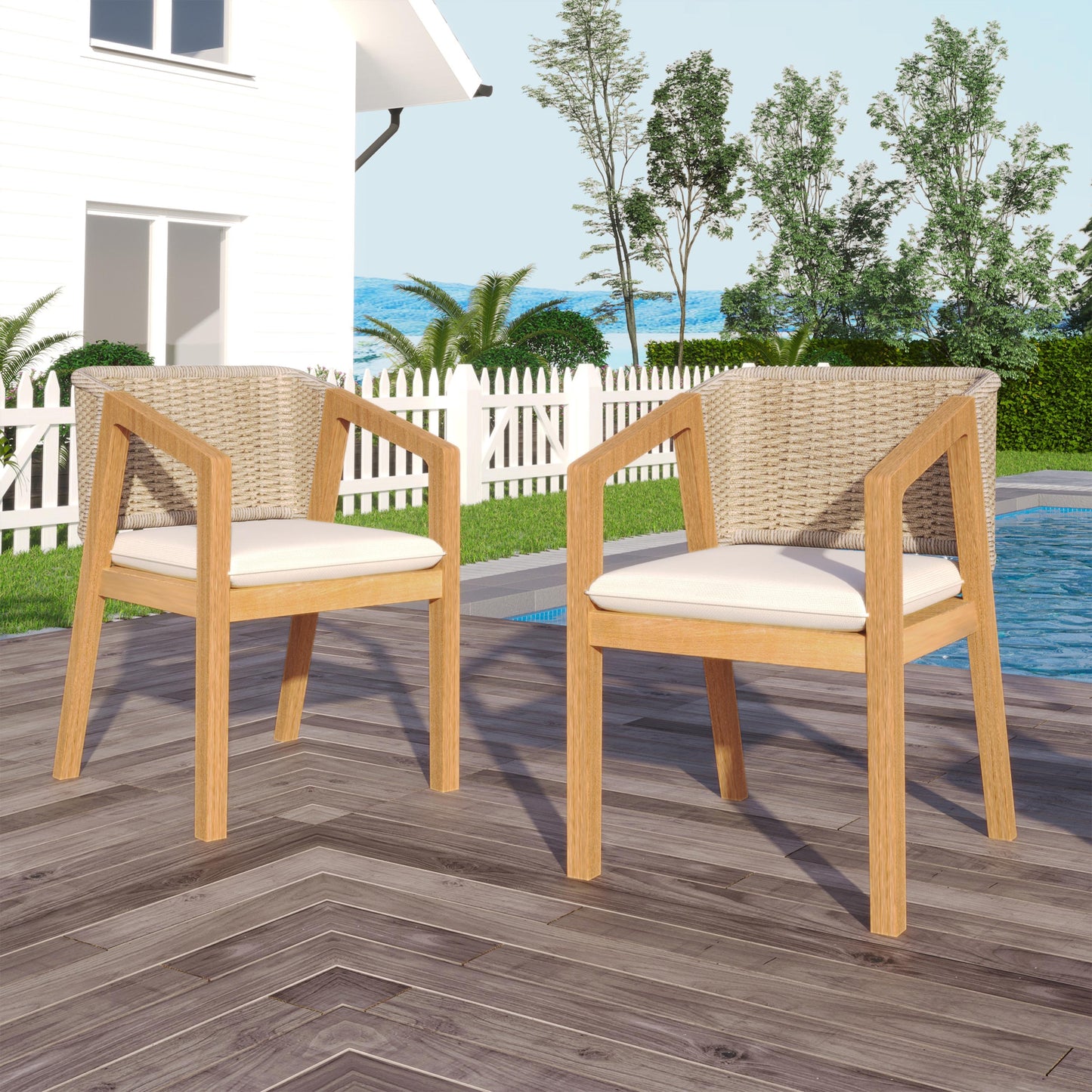 Natural wicker and teak outdoor chair with white cushion