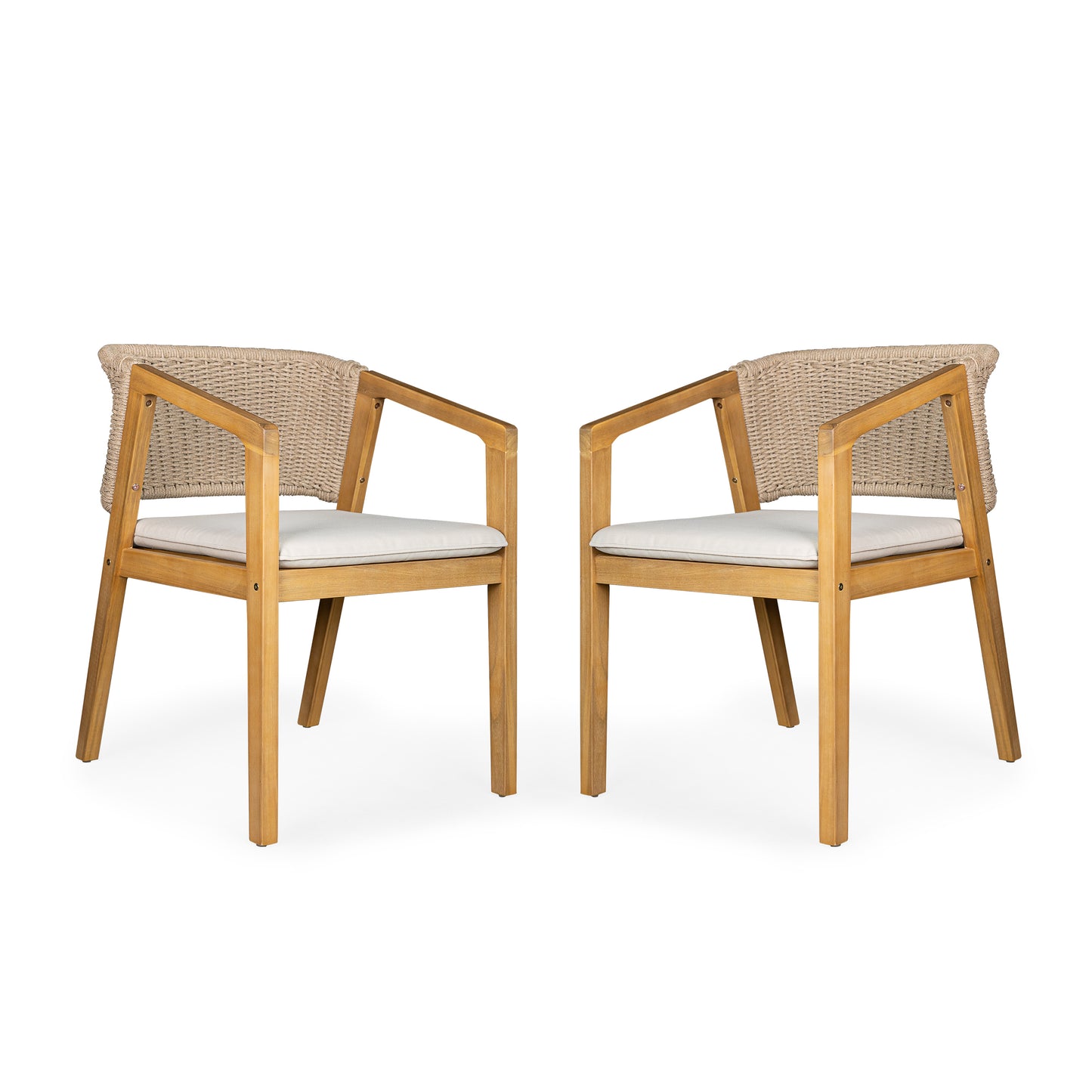 Two light wood armchairs with natural woven backs and cream cushions