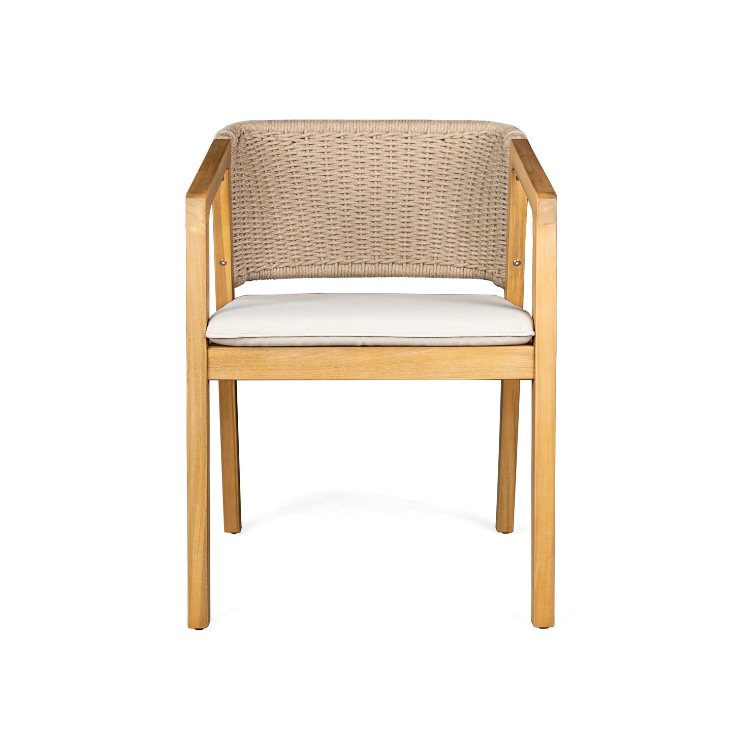 Natural wood armchair with beige woven rope back and white cushion