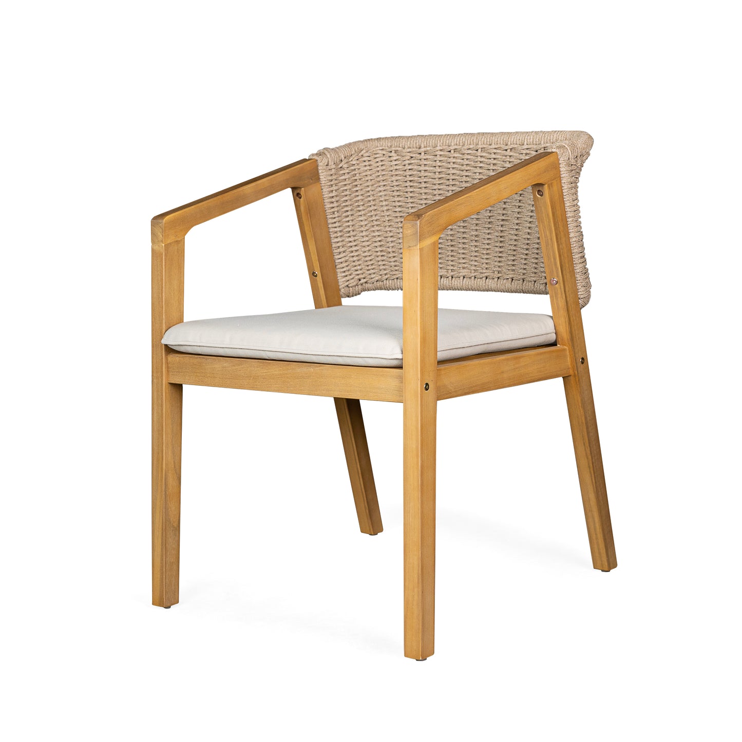Wooden armchair with woven back and cream cushion perfect for outdoor seating