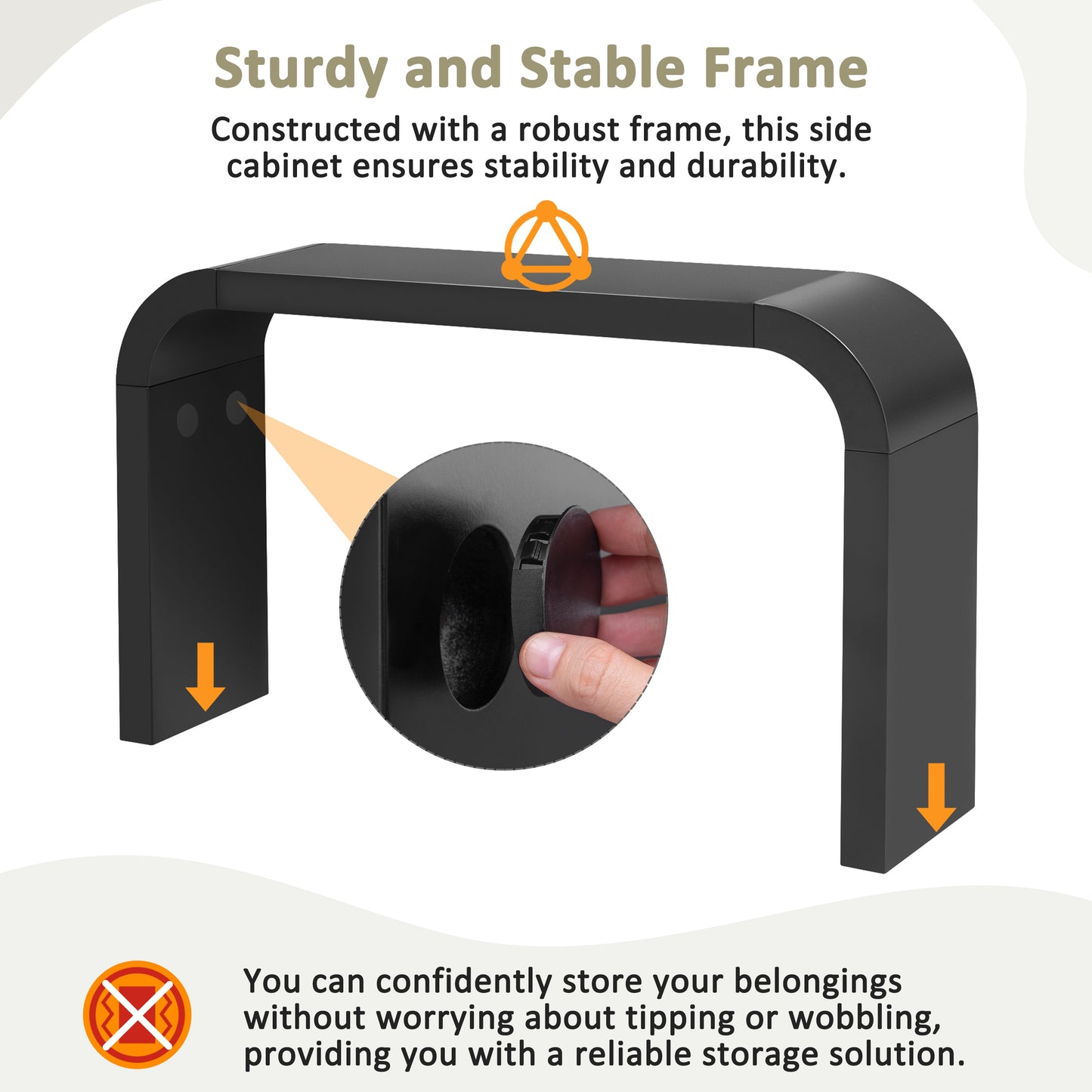 Black Ushaped side cabinet with a sturdy metal frame ideal for entryway storage