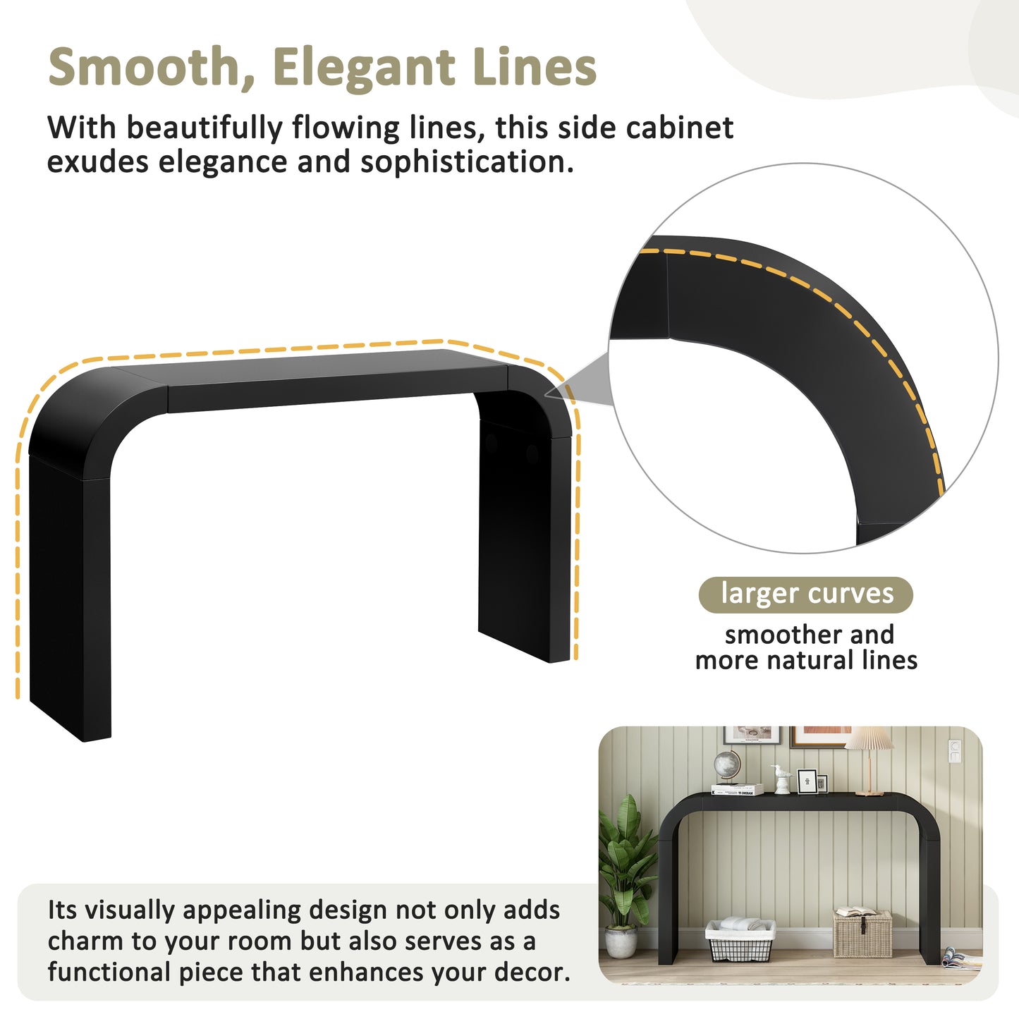 Black console table with a sleek Ushaped design and curved edges