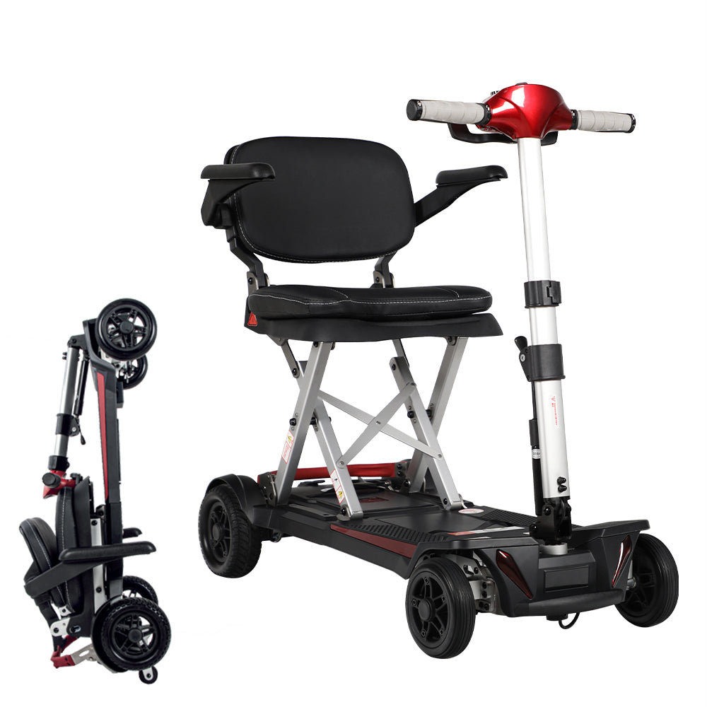 Red and black foldable mobility scooter fully assembled and ready for use