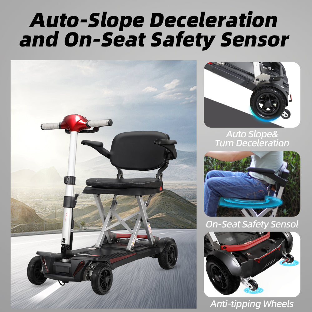 Red and black foldable mobility scooter with advanced safety features