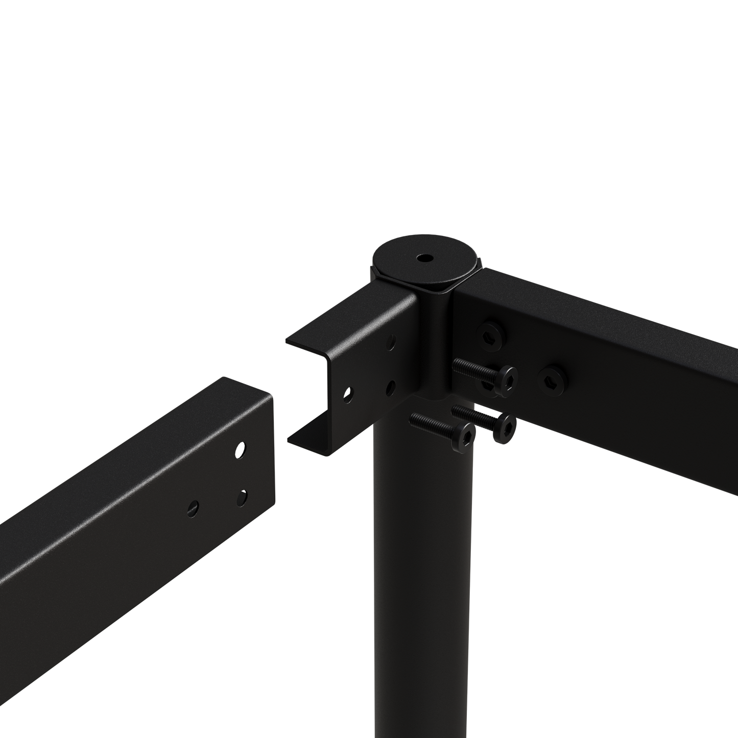 Black metal desk leg connection with visible screws for assembly