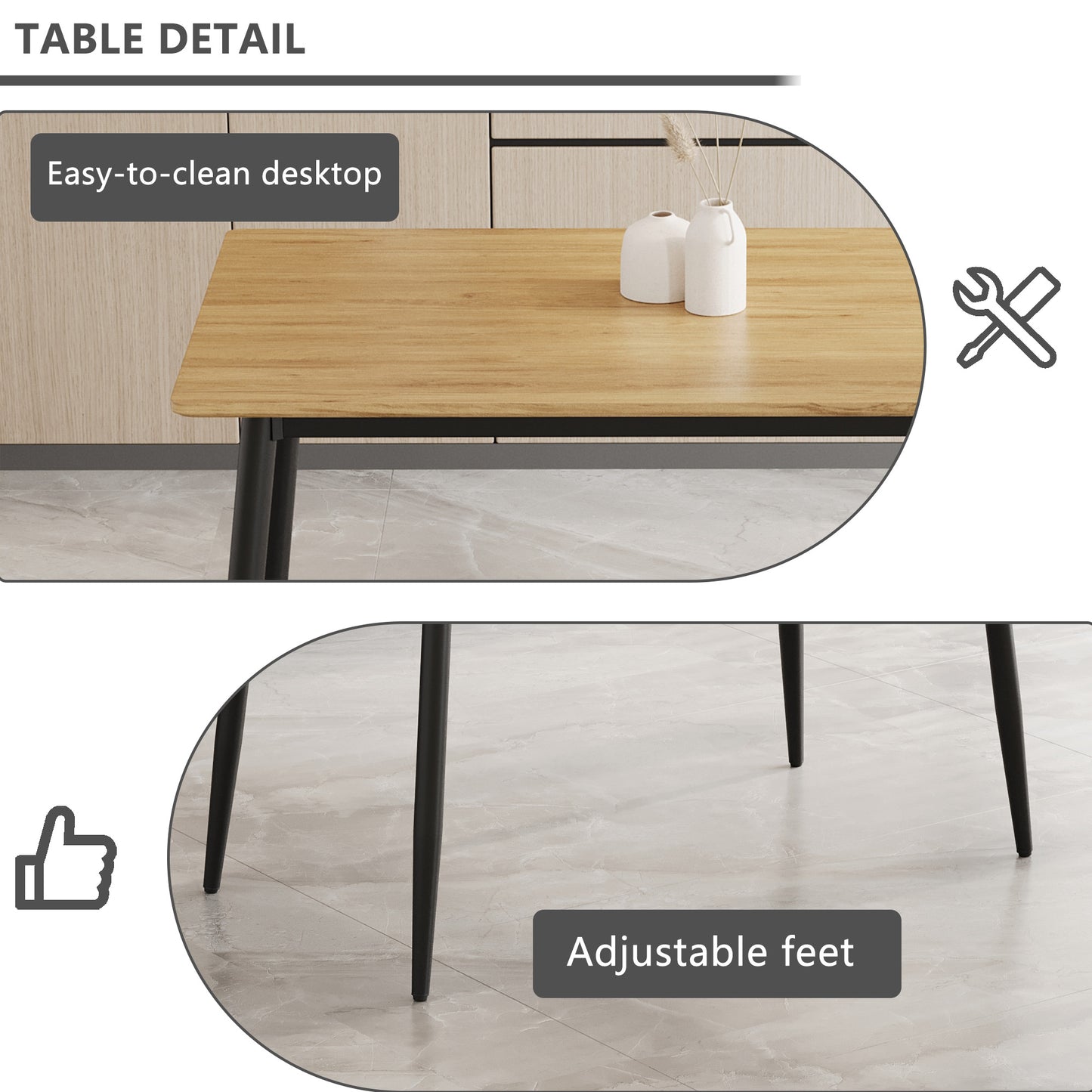 Wooden dining table with black metal legs and easytoclean surface