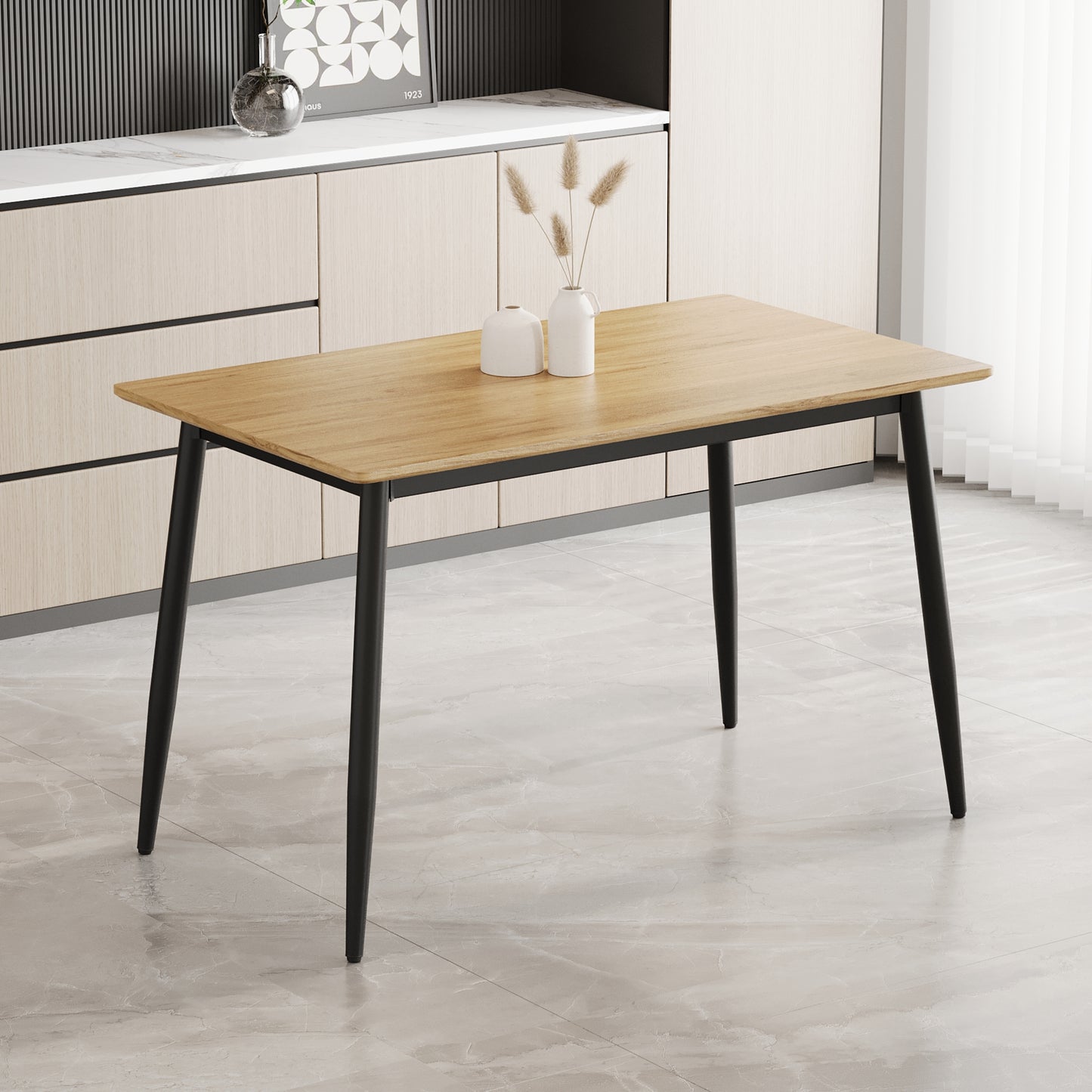 Rectangular dining table with natural oak wood top and black metal legs modern design for kitchen