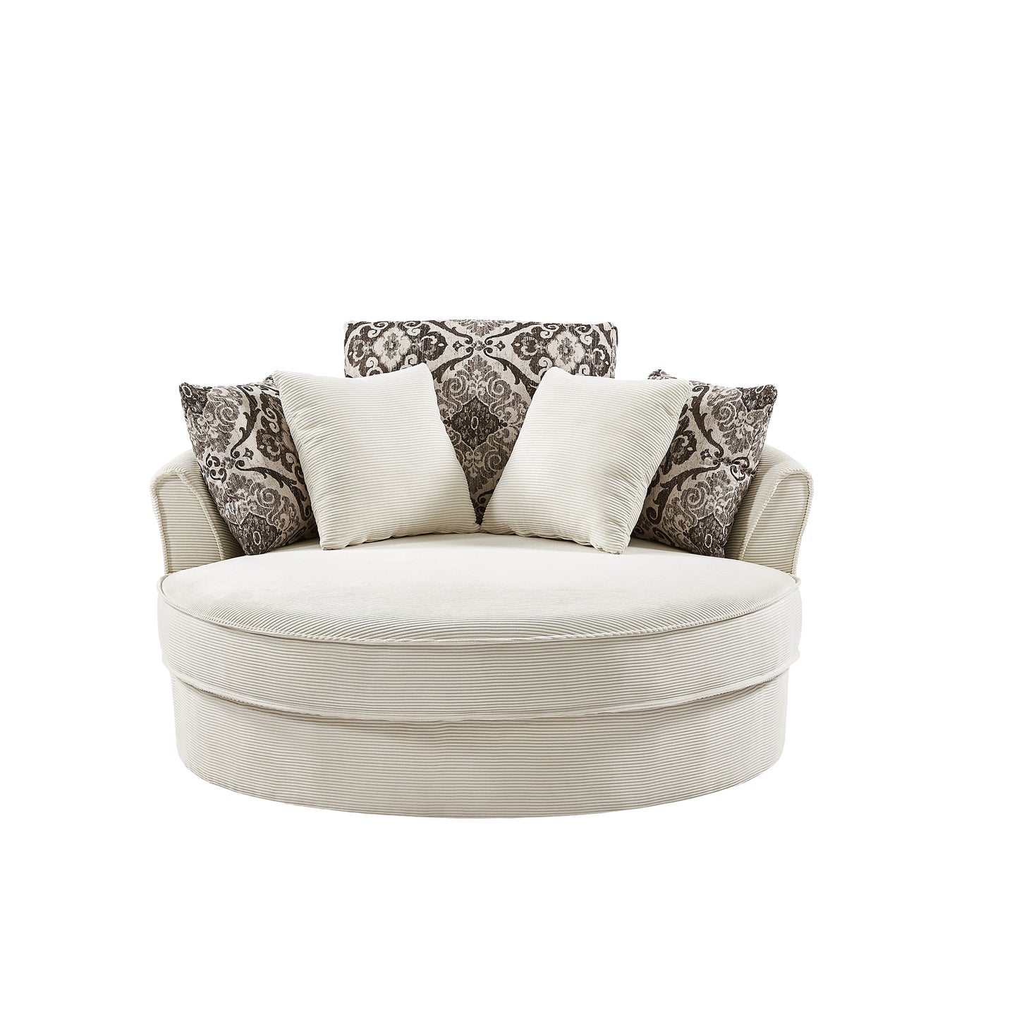 Cream corduroy round sofa with ornate patterned accent pillows