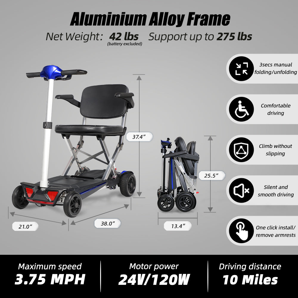 Blue and black foldable electric mobility scooter with aluminum frame shown upright