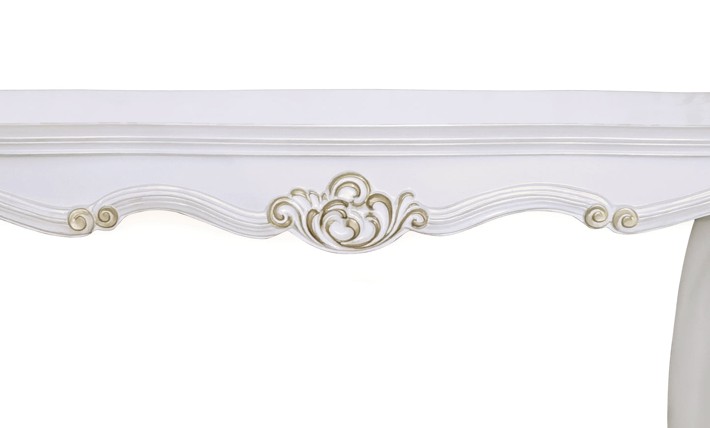 White ornate wooden decorative trim with gold scrollwork detail
