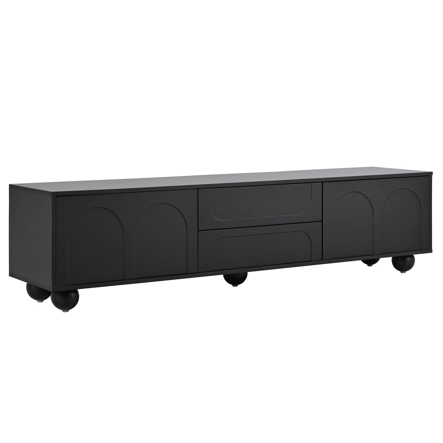 Modern black TV stand with arched door details and spherical feet