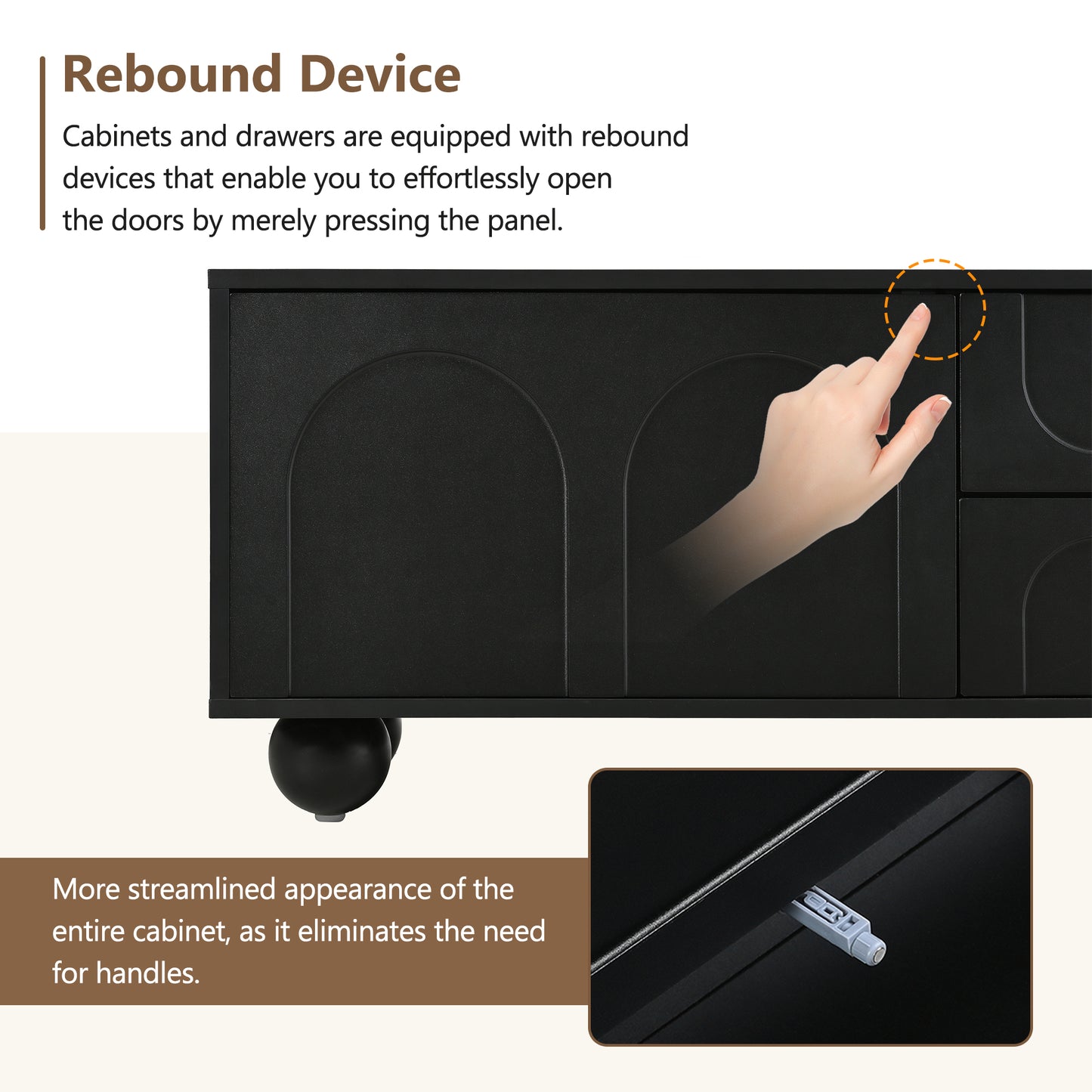 Black cabinet with integrated rebound device opened by pressing the panel